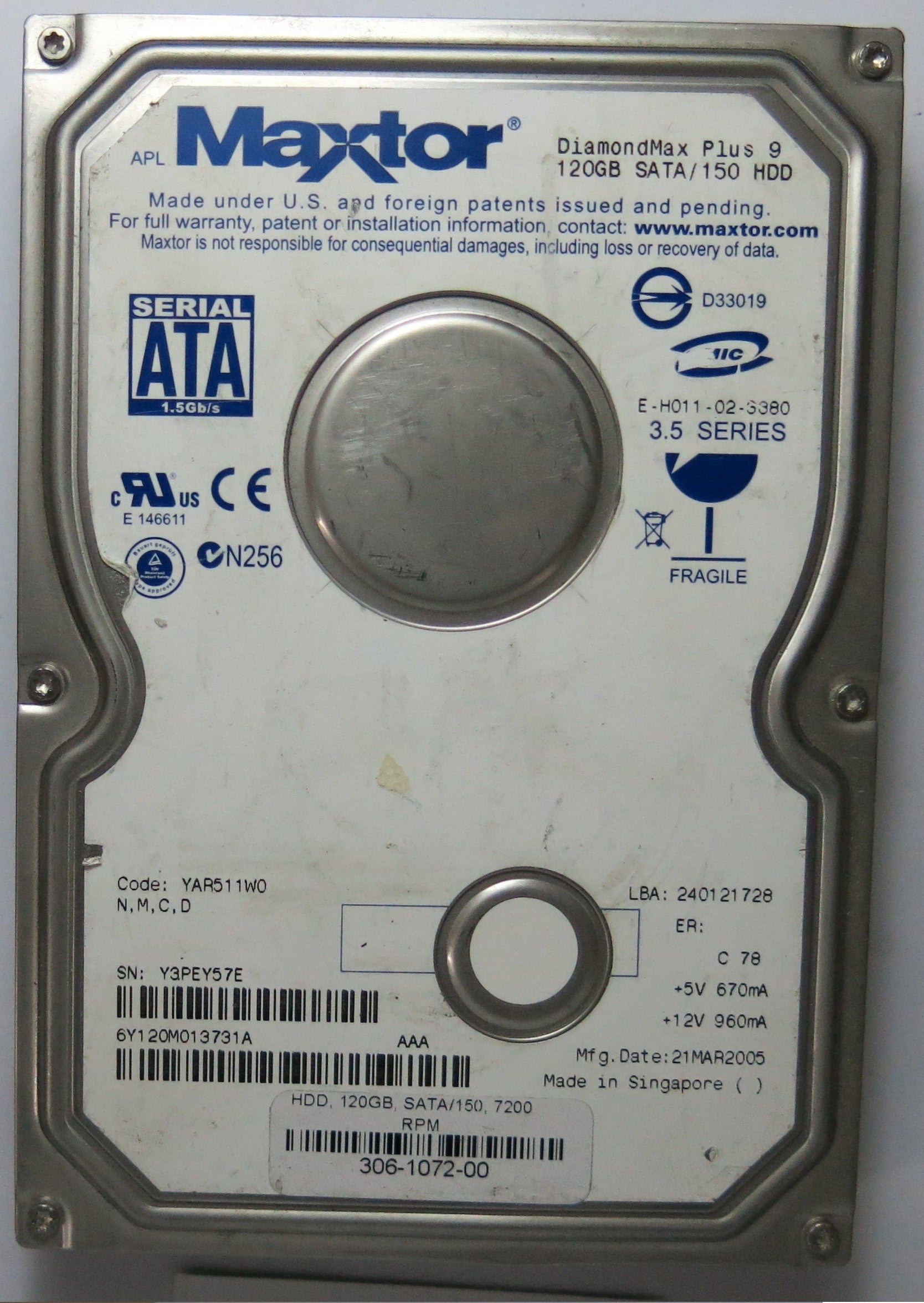6Y120M013731A,  Serial:Y3PEY57E,  120GB 3.5,  PCB:301861101- REV A