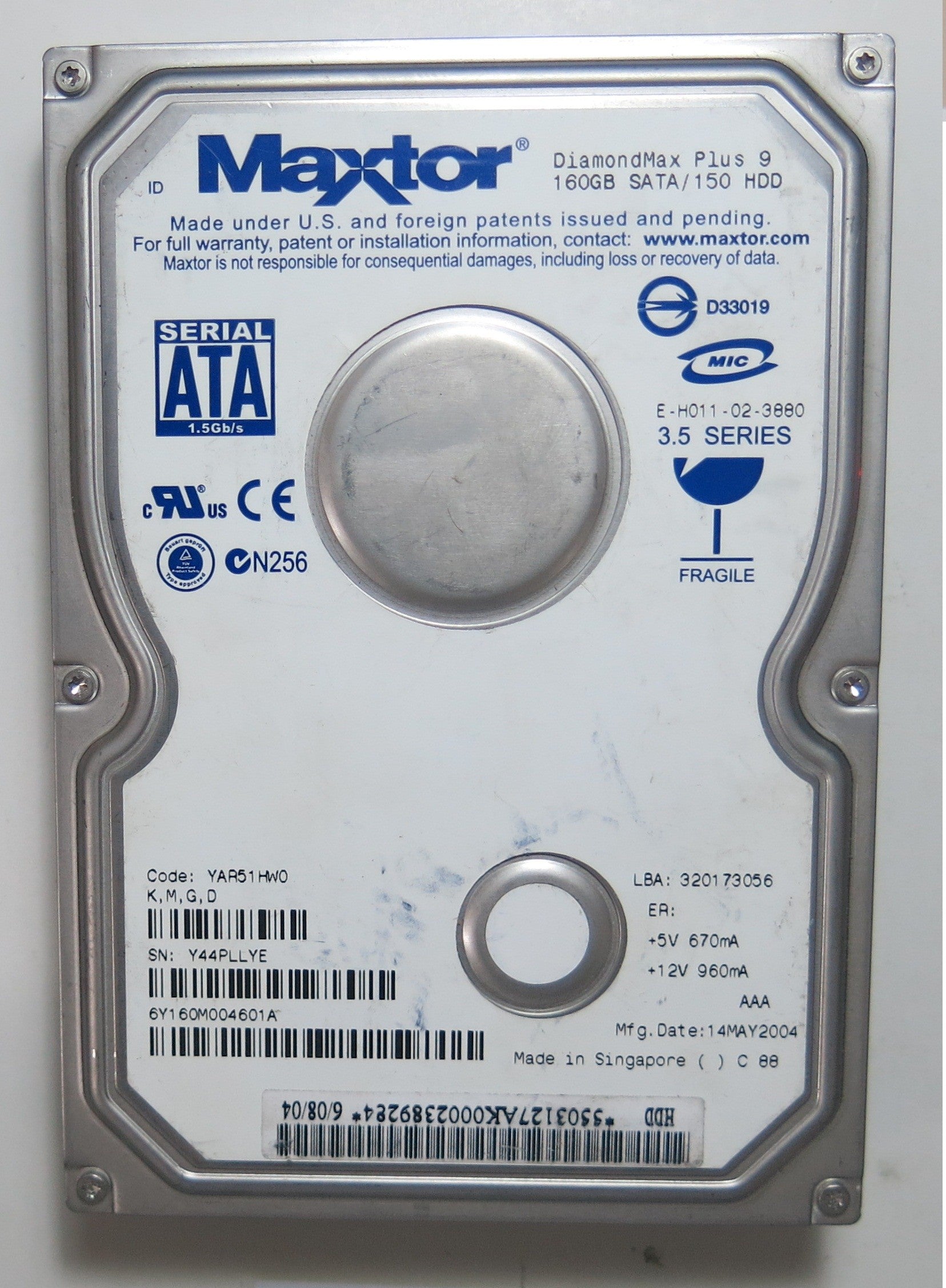 6Y160M0 PCB: 301861101 SERIAL NUMBER: Y44P PN YAR51HWO 160GB