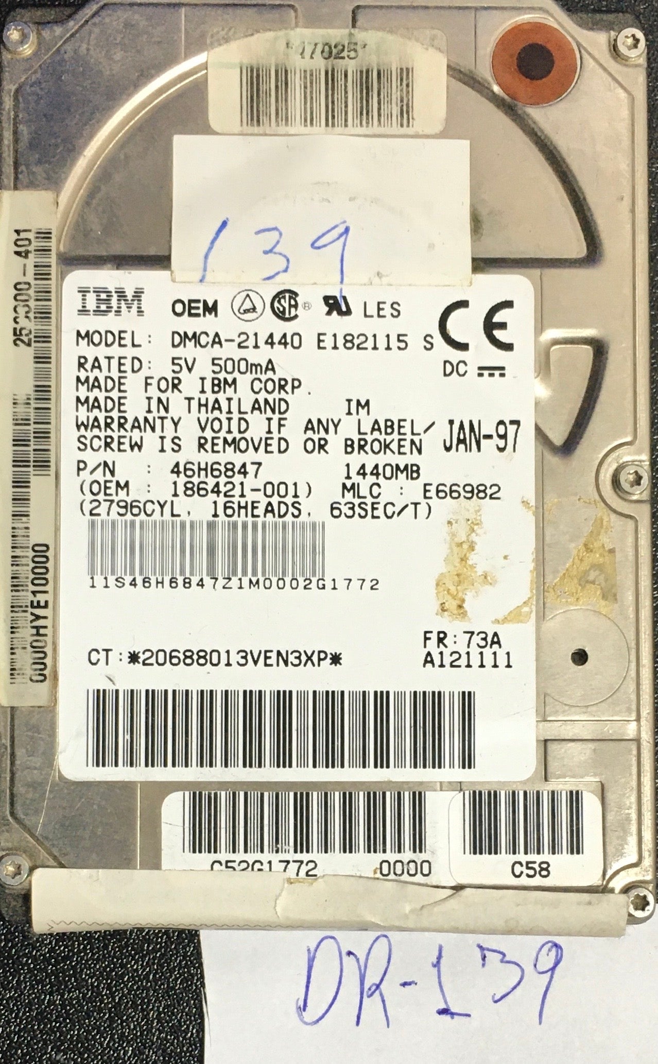 DMCA-21440 E182115 S,  P/N: 46H6847,  MLC: E66982,  Serial: 0000HYE10000,  1440MB 2.5  PCB :320 36H1280 01