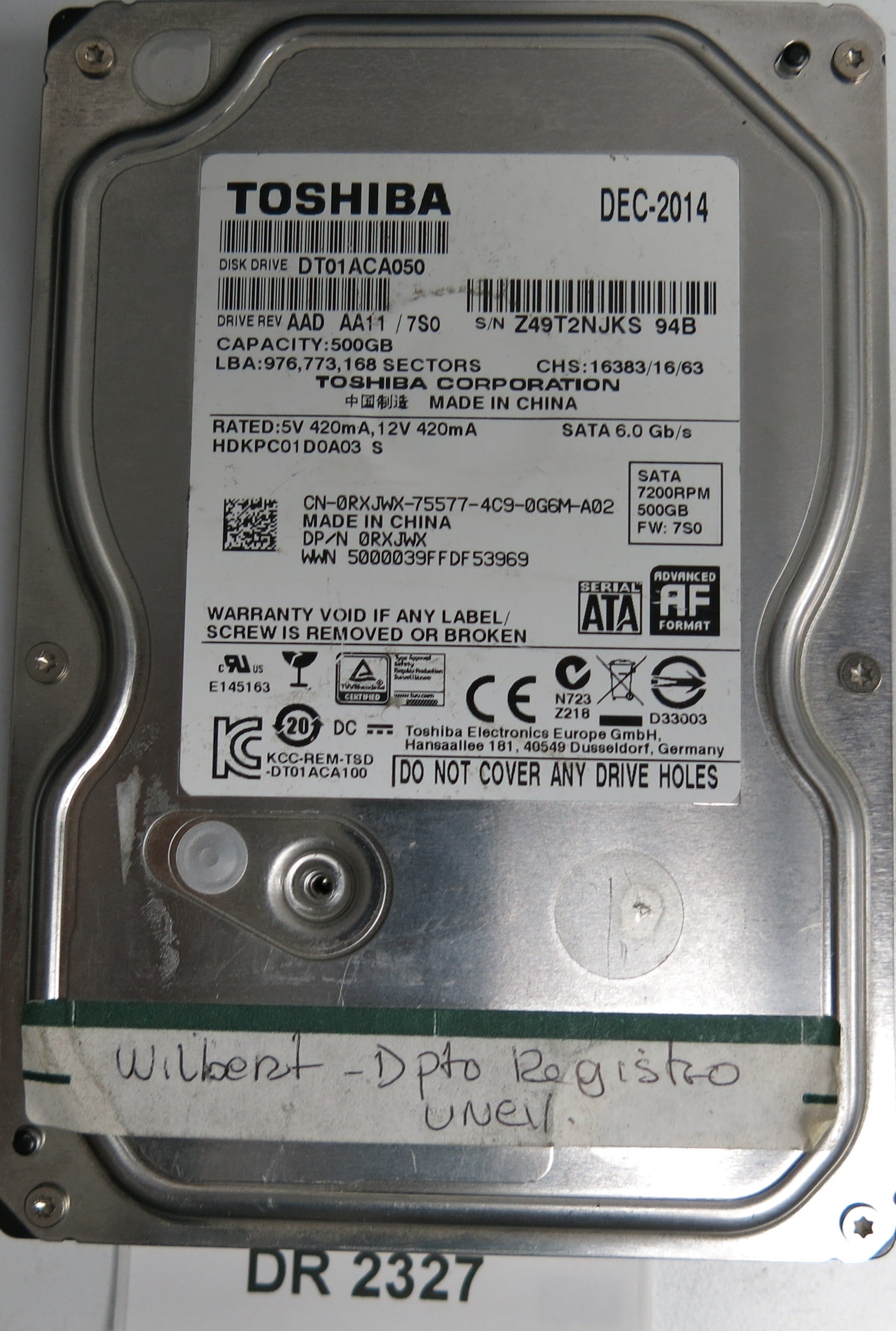 DT01ACA050, 500GB 3.5, PCB: 2200A90377 01, SERIAL:Z49T2NJKS 94B