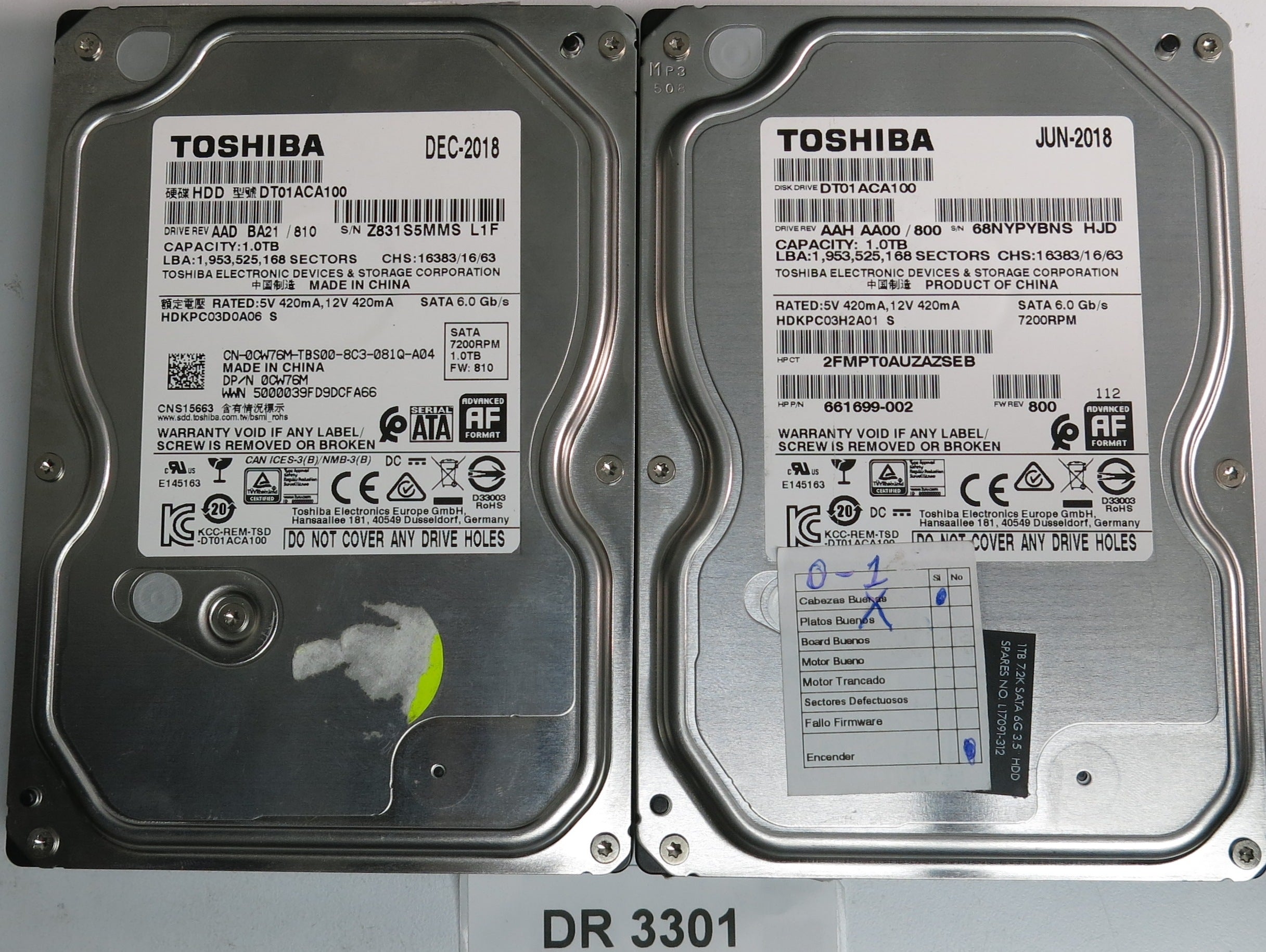 DT01ACA100  SN: 68NYPYBNS HDJ,  1.0TB 3.5 PCB: 220 0A90377 01,