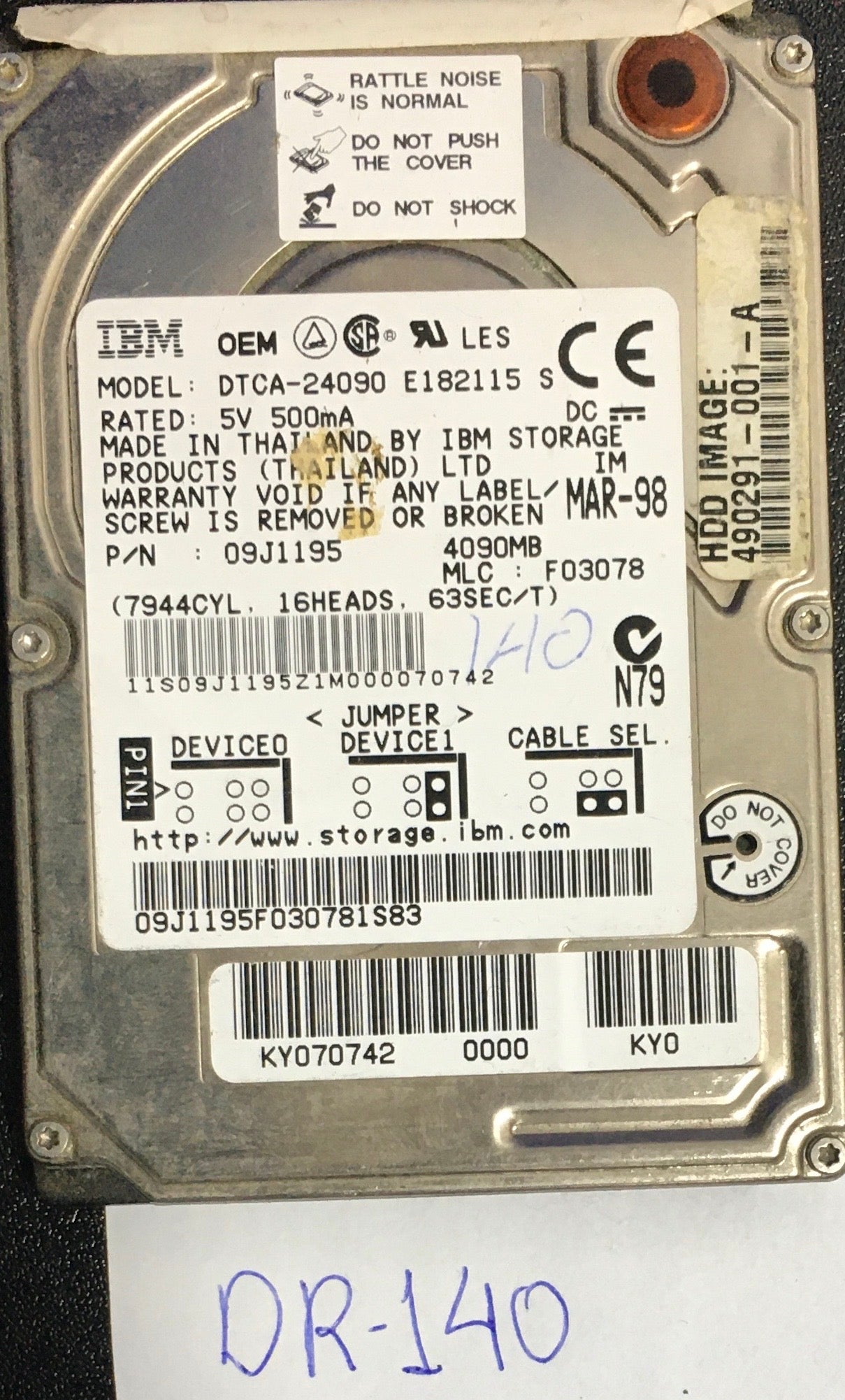 DTCA-24090 E182115 S,  P/N: 09J1195,  MLC: F03078,  Serial: 11S09J1195Z1M000070742,  4GB 2.5  PCB :94V-0 320 36H3477 01- REV A