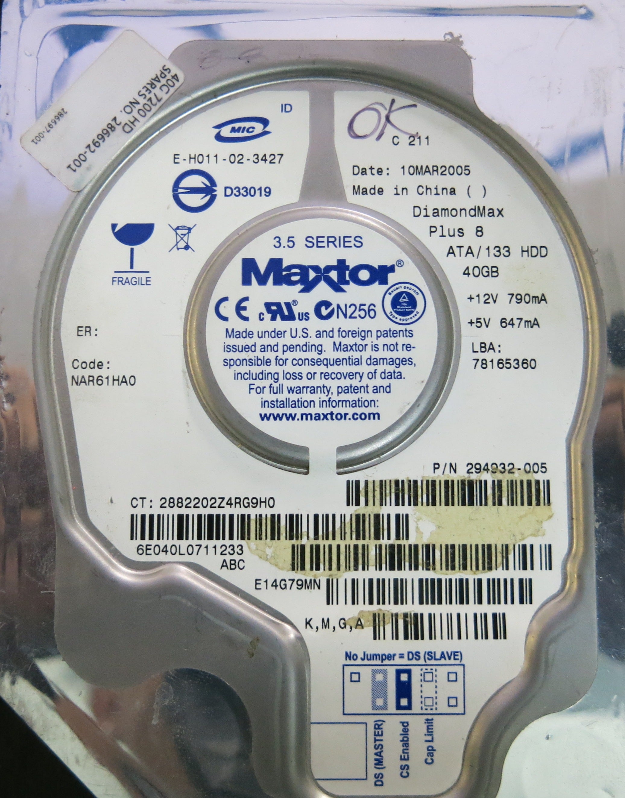 Model: E14G79MN  SERIAL: 6E040L0711233&nbsp;  PCB:512 94V-8 50.04  40GB 3.5  MAIN CHIP: ARDENT C9-C1