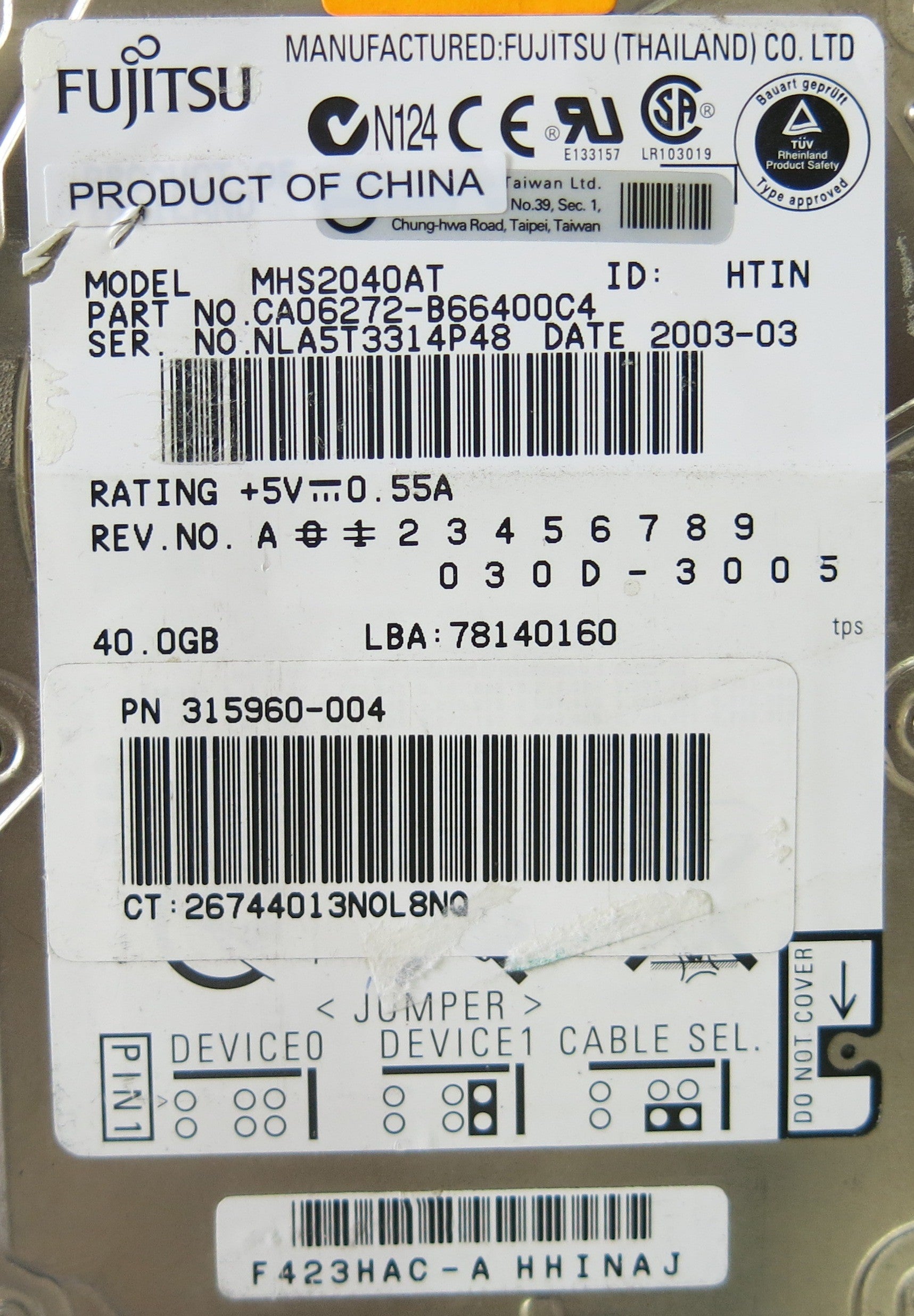 FUJITSU MHS2040AT P/N CA06272-B66400C4  CA26317-B50204BA PCB