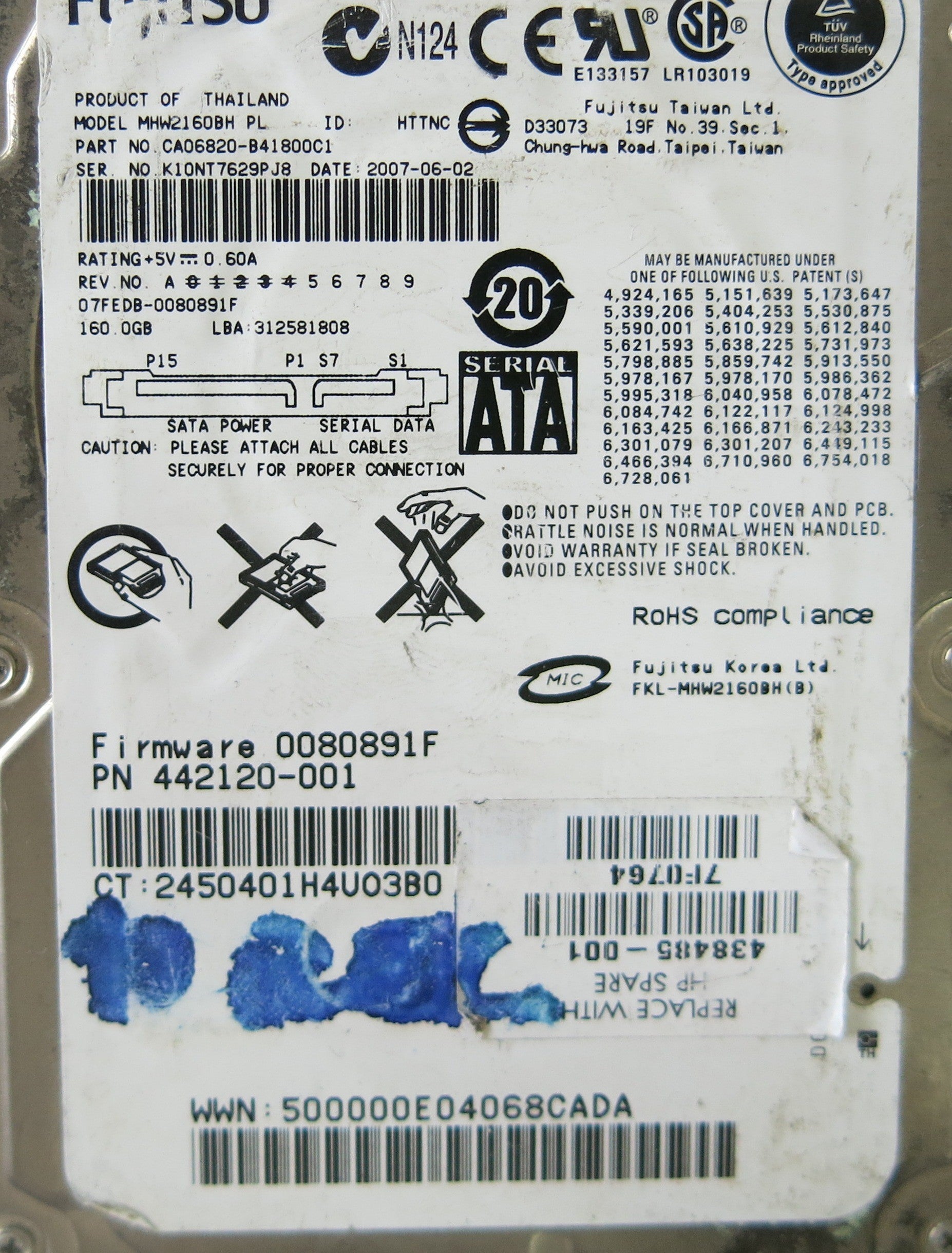 FUJITSU MHW2160BH P/N 4421220-001 PCB CA26343-B84304BA TP1 FW 0080891F