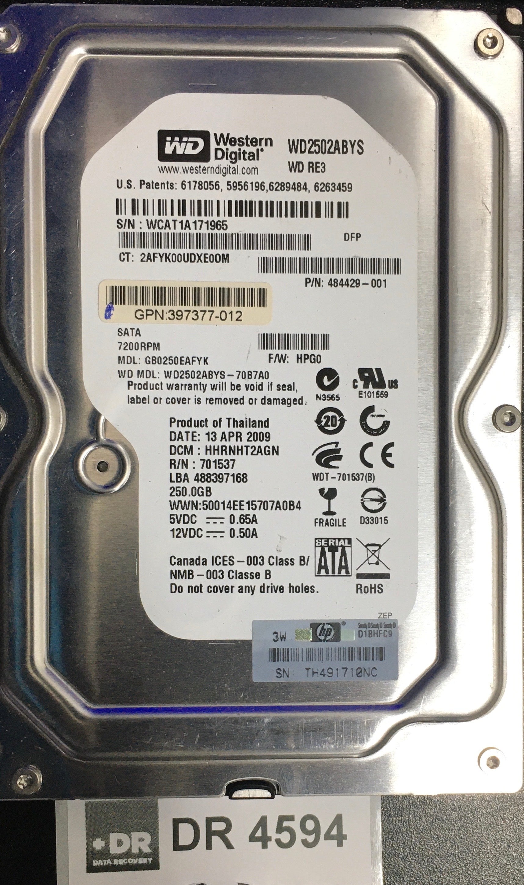 GB0250EAFYK,  Serial: WCAT1A171965,  250GB 3.5  PCB:2060-701537-004- REV A