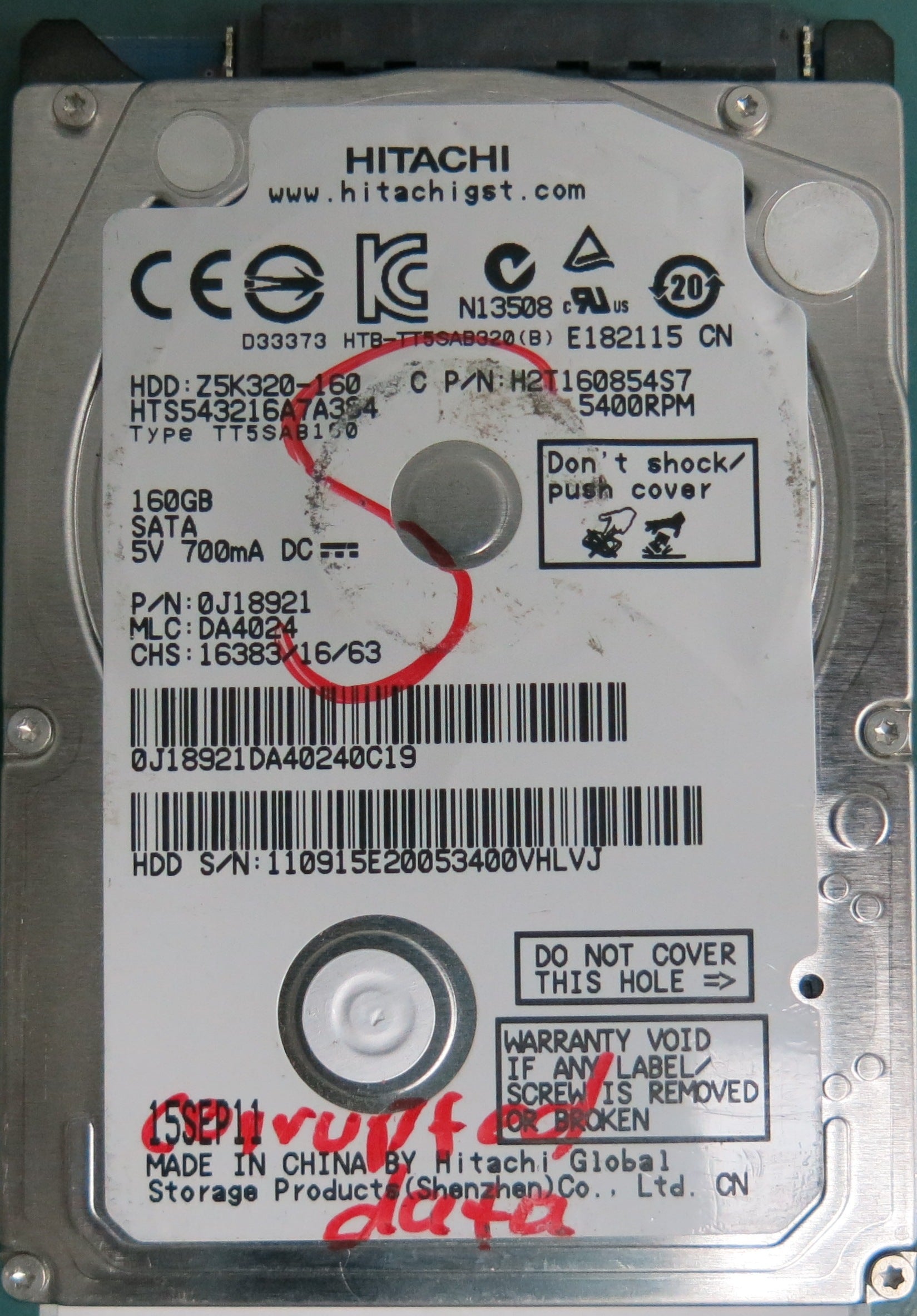 GES543216A7A84, Serial Number: 110915E20053400VHLVJ, P/N: 0J18921, MLC: DA4024, 160GB 2.5