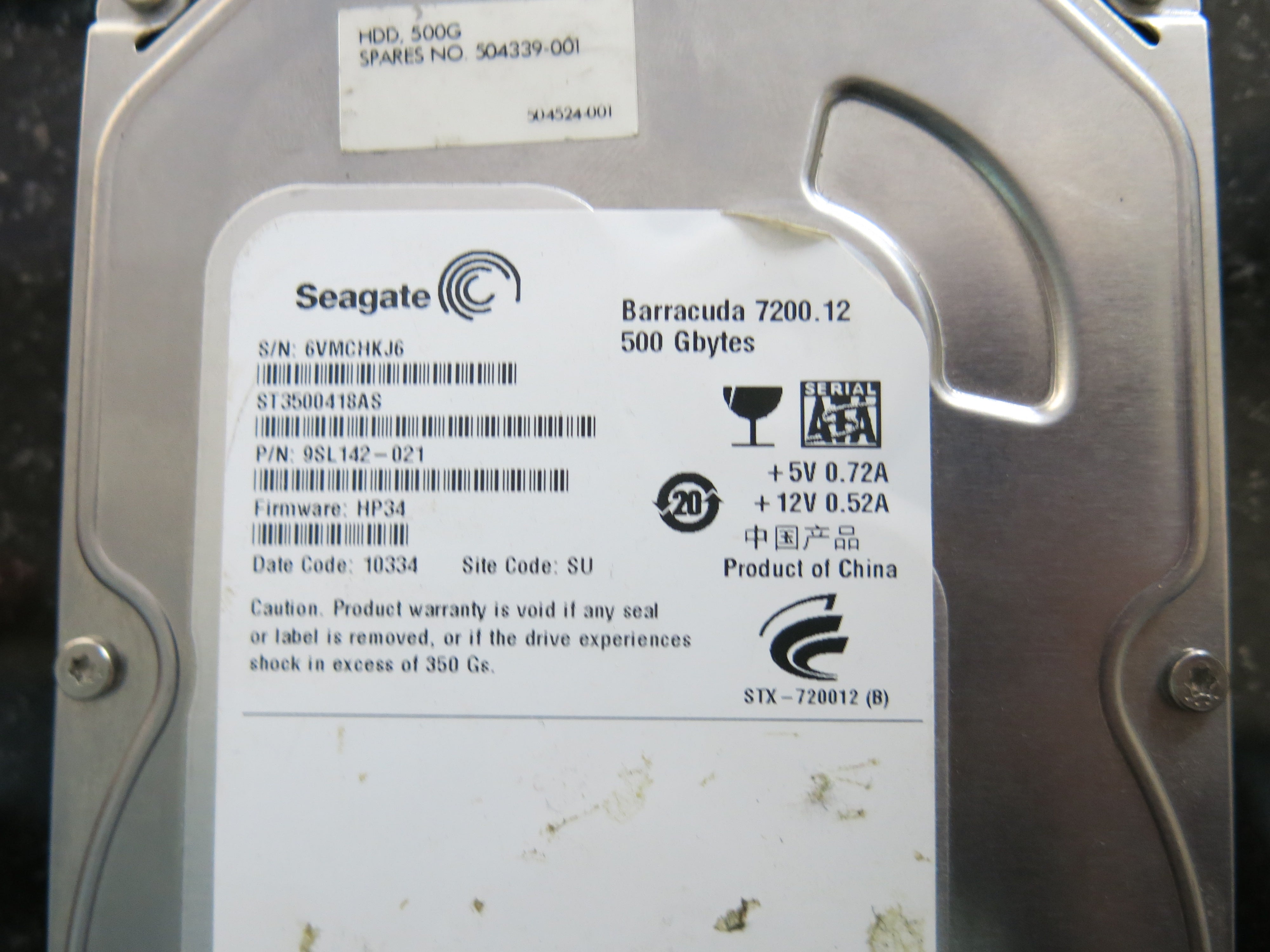 ST3500418AS PCB : 100535704 REV B SERIAL NUMBER : 6VMCHKJ6 FW:HP34 PN:9SL142-021 500GB