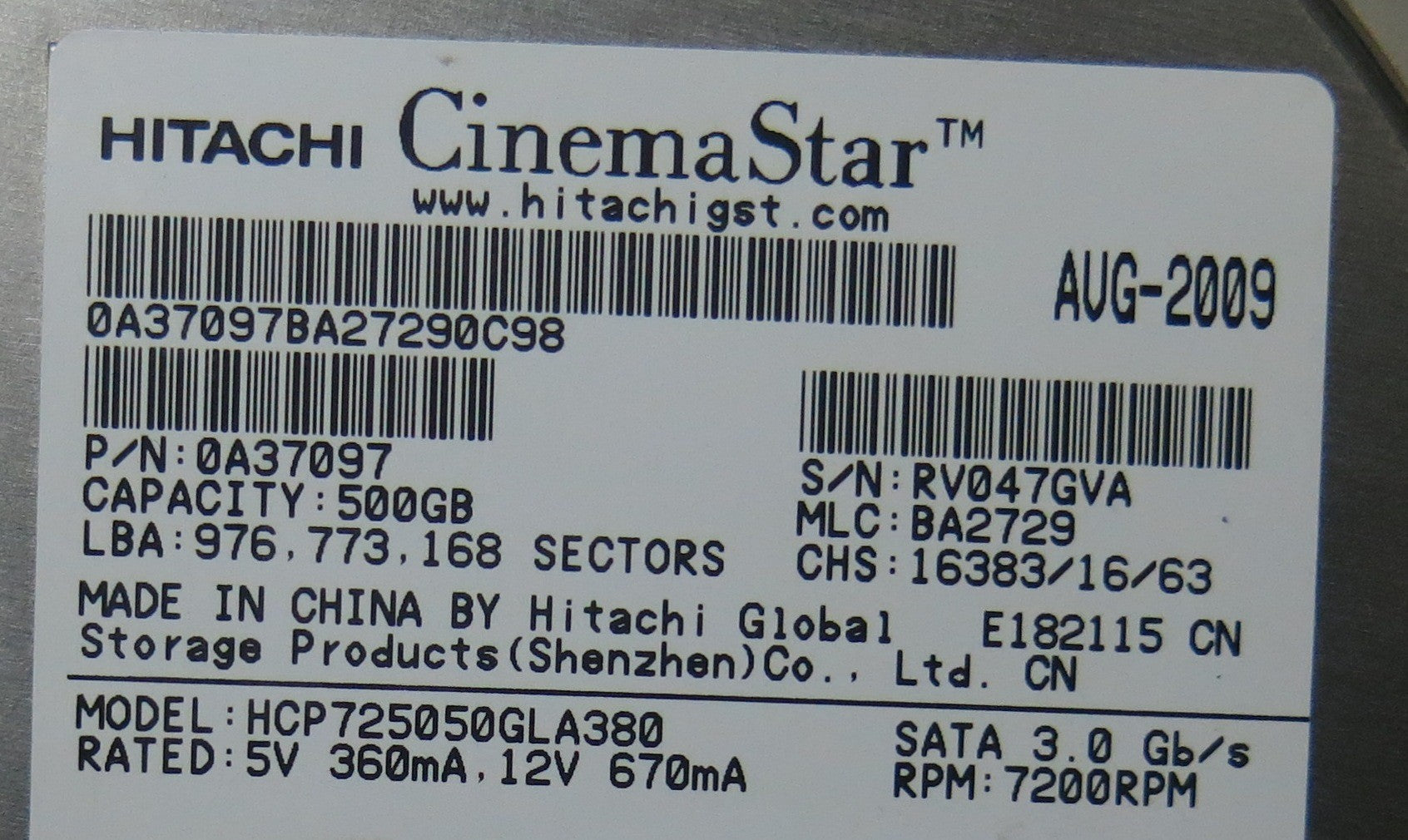 HCP725050GLA380 MLC BA2729 110 0A90026 01 PCB