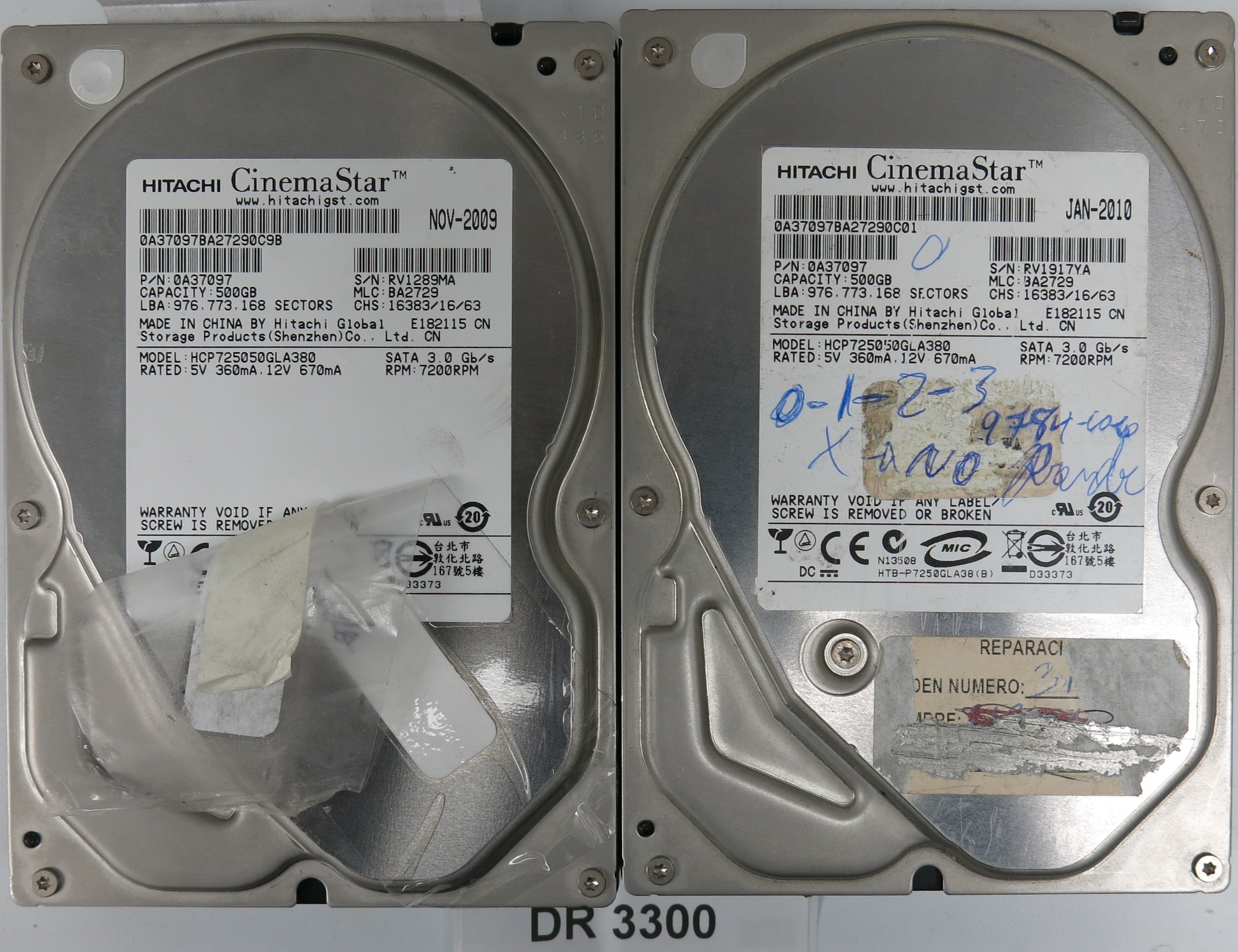 HCP725050GLA380, Serial Number: RV1289MA, P/N: 0A37097, MLC: BA2729, 500GB 3.5, PCB: 110 0A90026 01
