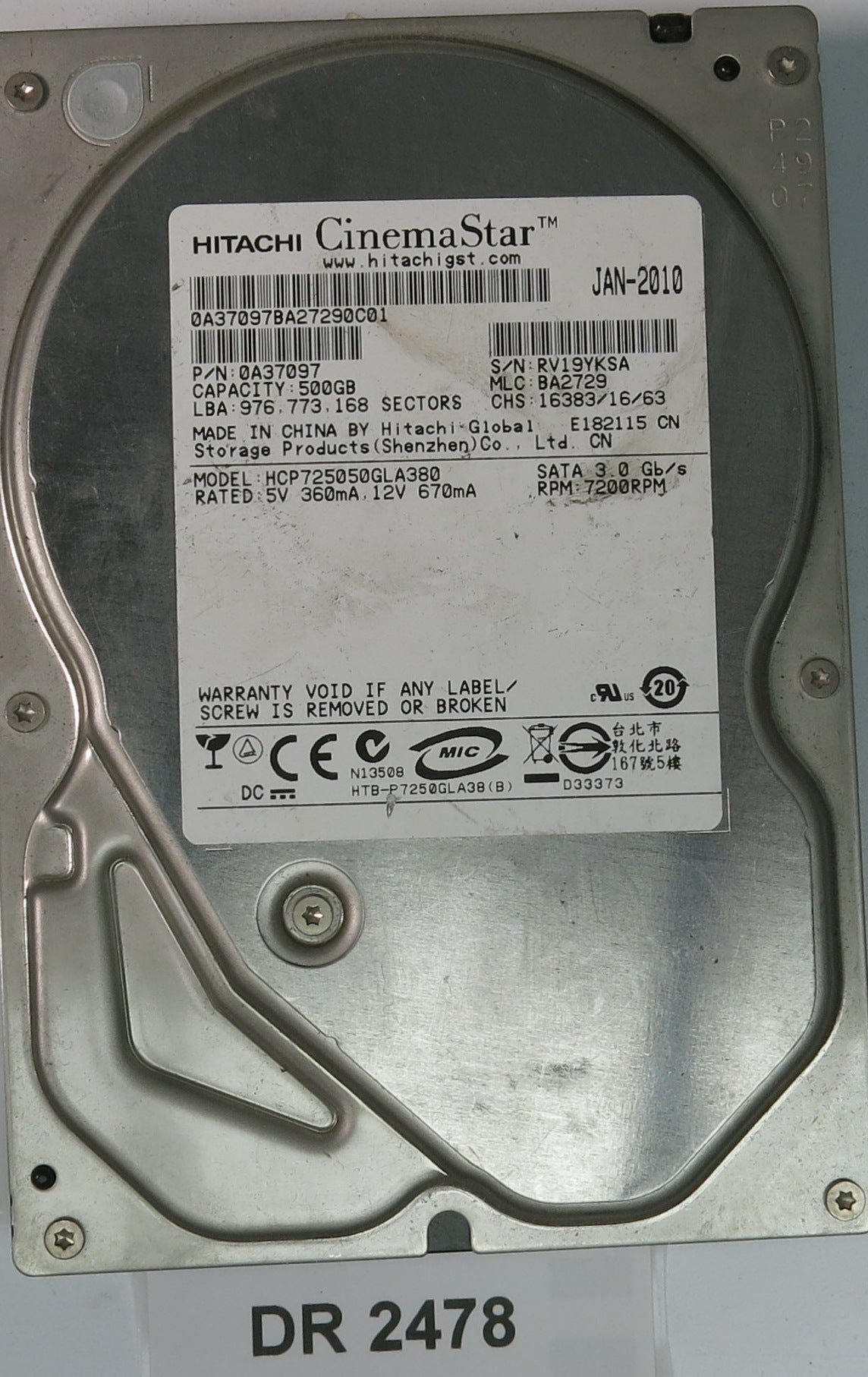 HCP725050GLA380, Serial Number: RV19YKSA, P/N: 0A37097, MLC: BA2729, 500GB 3.5, PCB: 110 0A90026 01