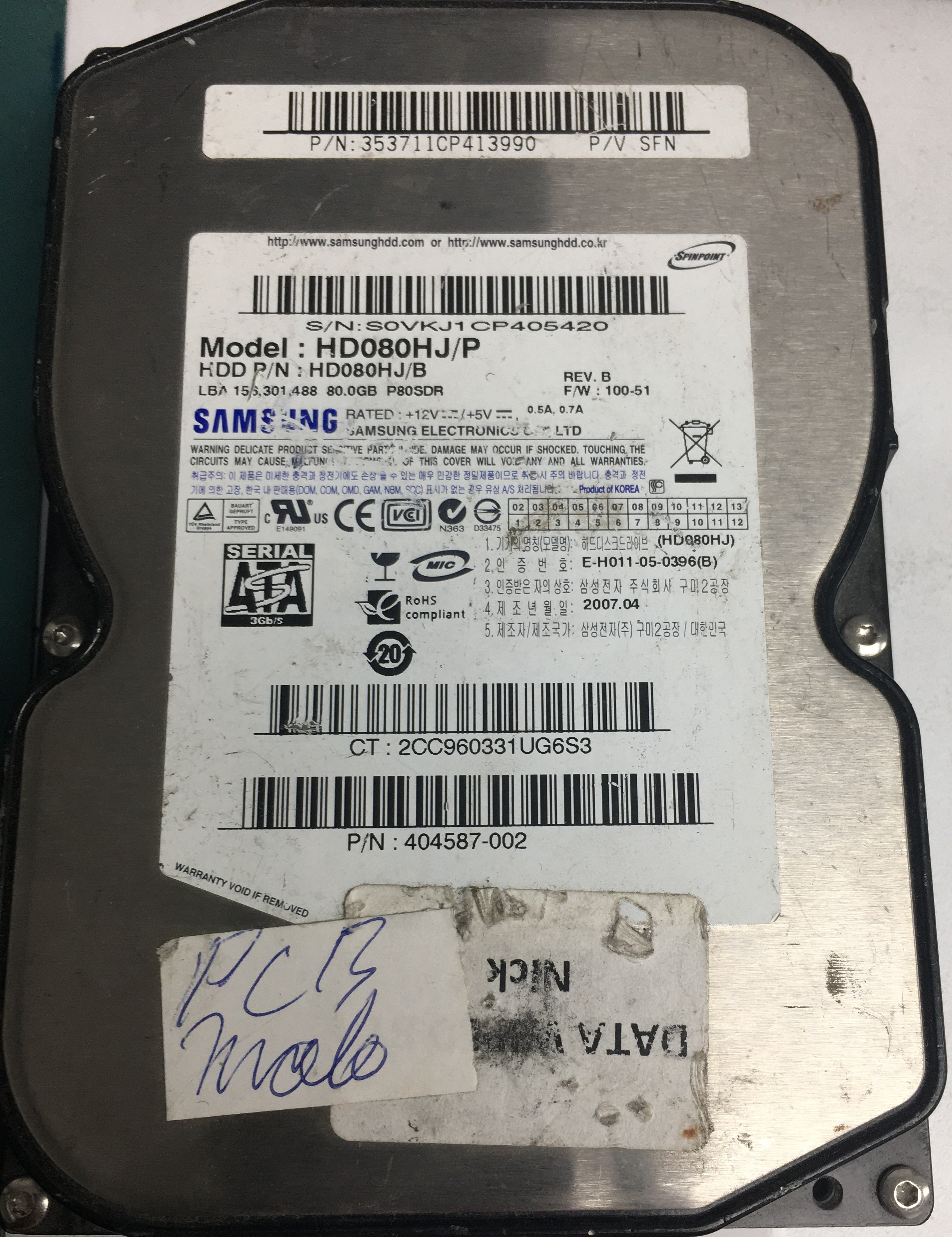 HD080HJ/P, S0VKJ1CP405420, 80GB 3.5, PCB: BF41-00108A