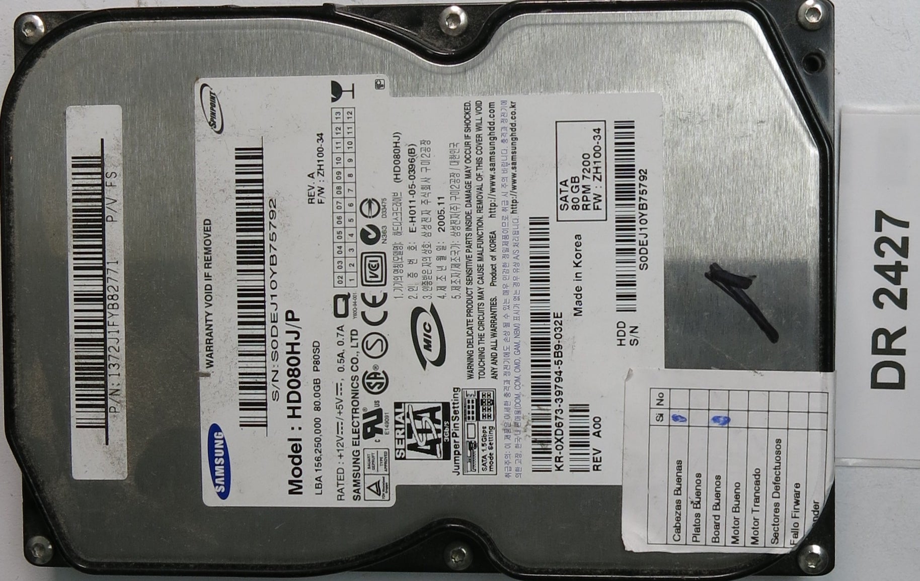 HD080HJ/P, SERIAL: S0DEJ10YB75792, 80GB 3.5