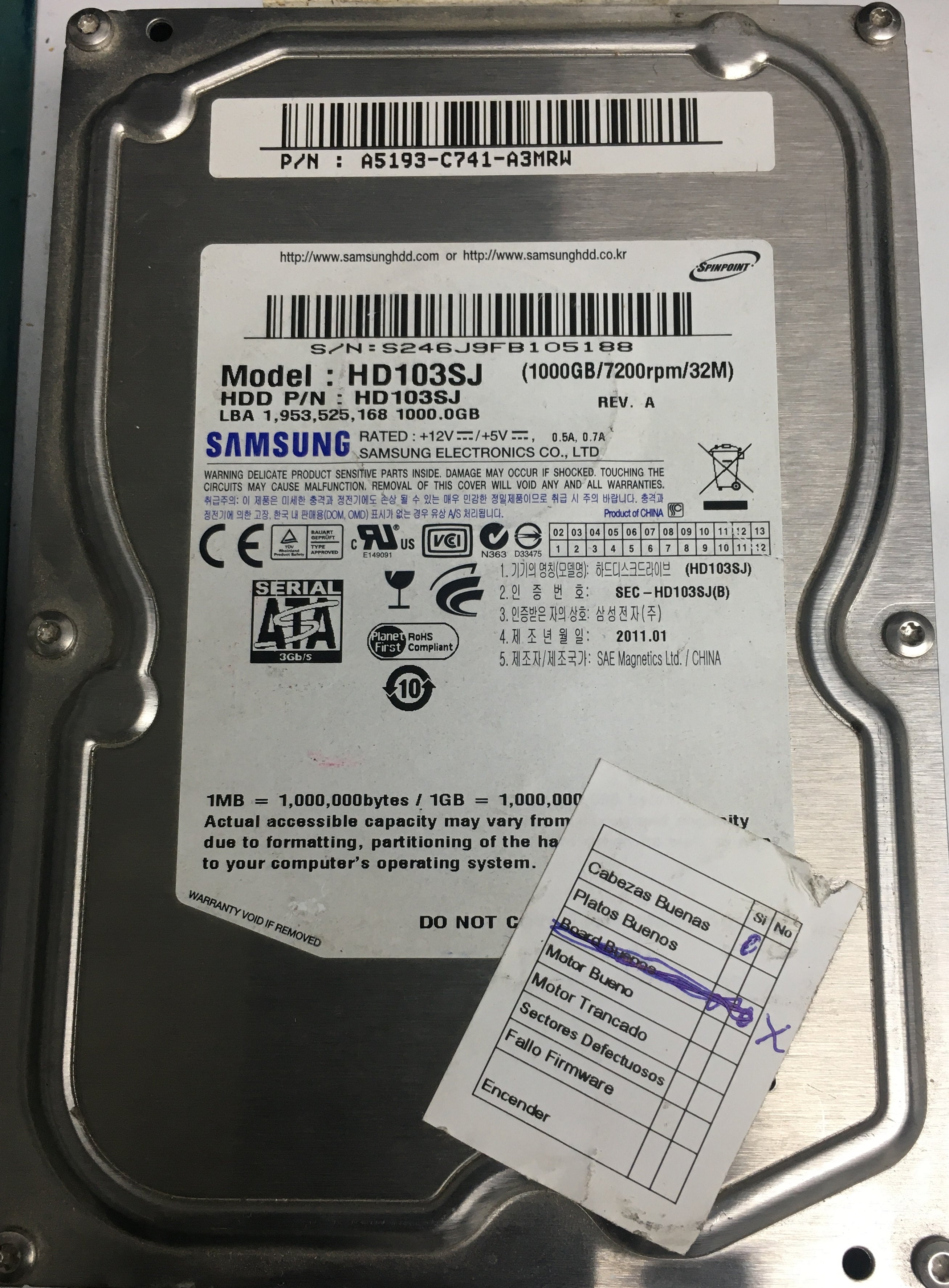 HD103JS, S246J9FB105188, 1000GB 3.5,PCB: BF41-00303A 00
