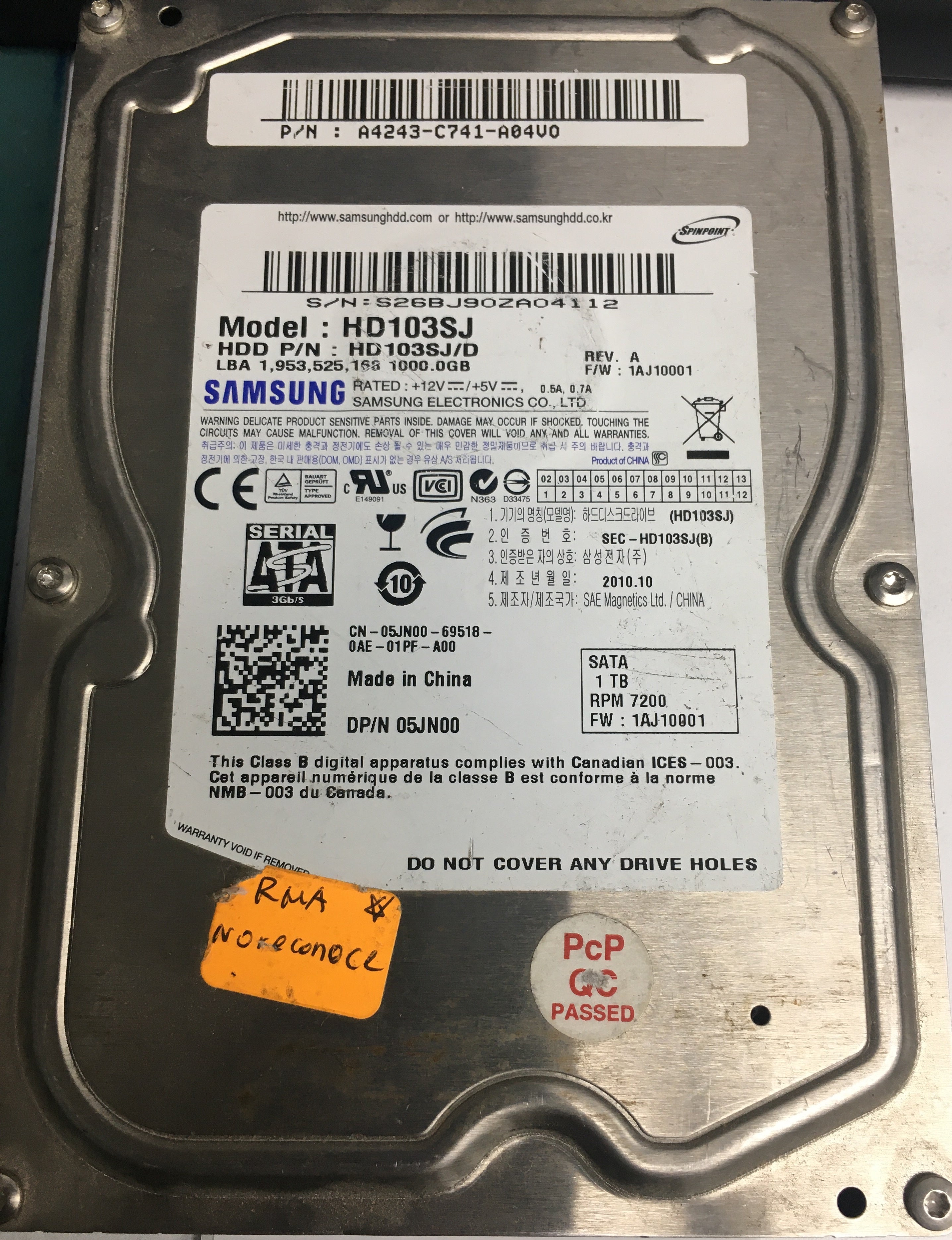 HD103SJ SERIAL: S26BJ90ZA04112 1000GB 3.5 PCB:BF41-00303A 00  1.TB  --DR19