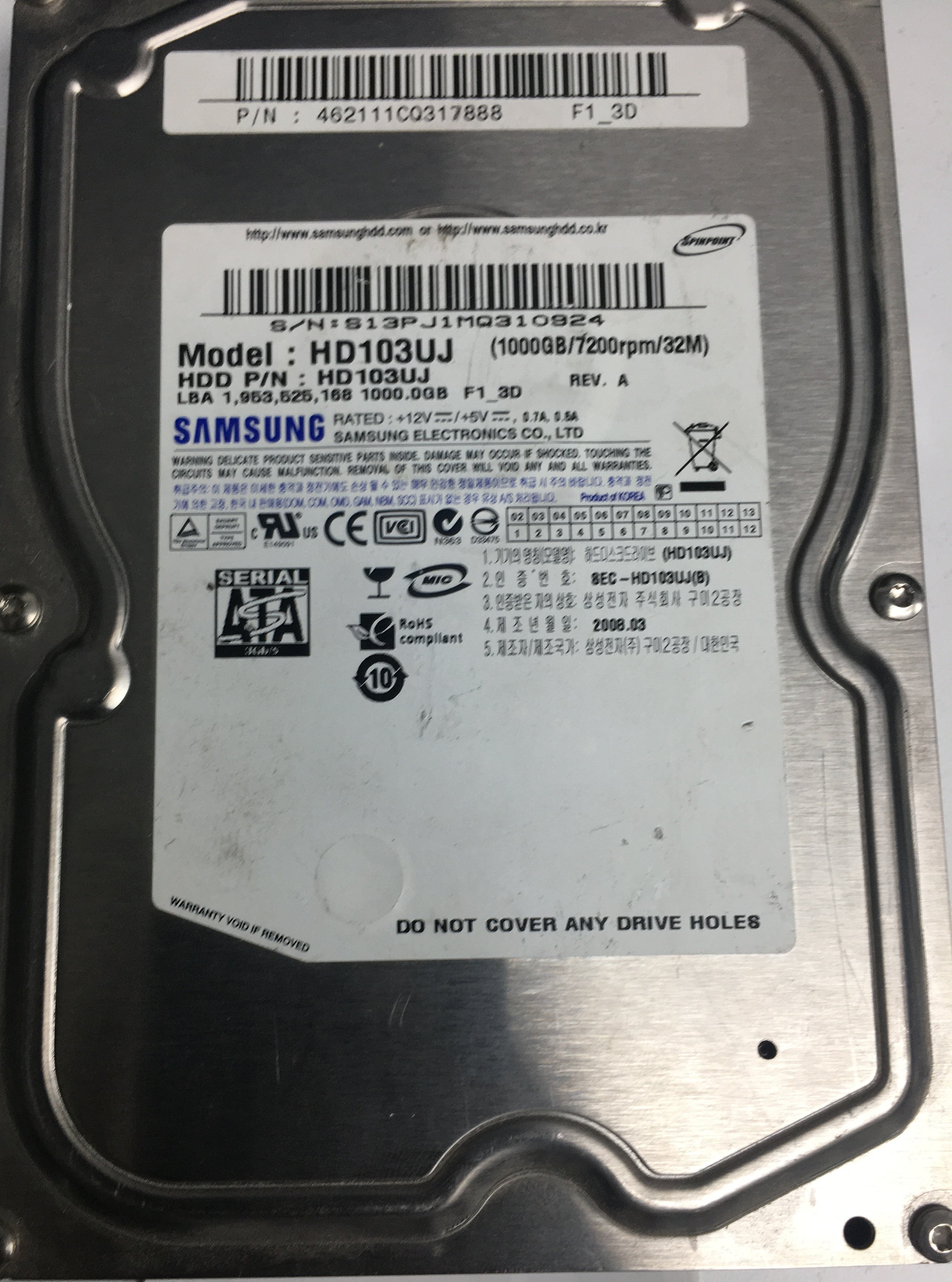 HD103UJ,  813PJ1MQ310924, 1000GB 3.5,PCB:41-00185A R00
