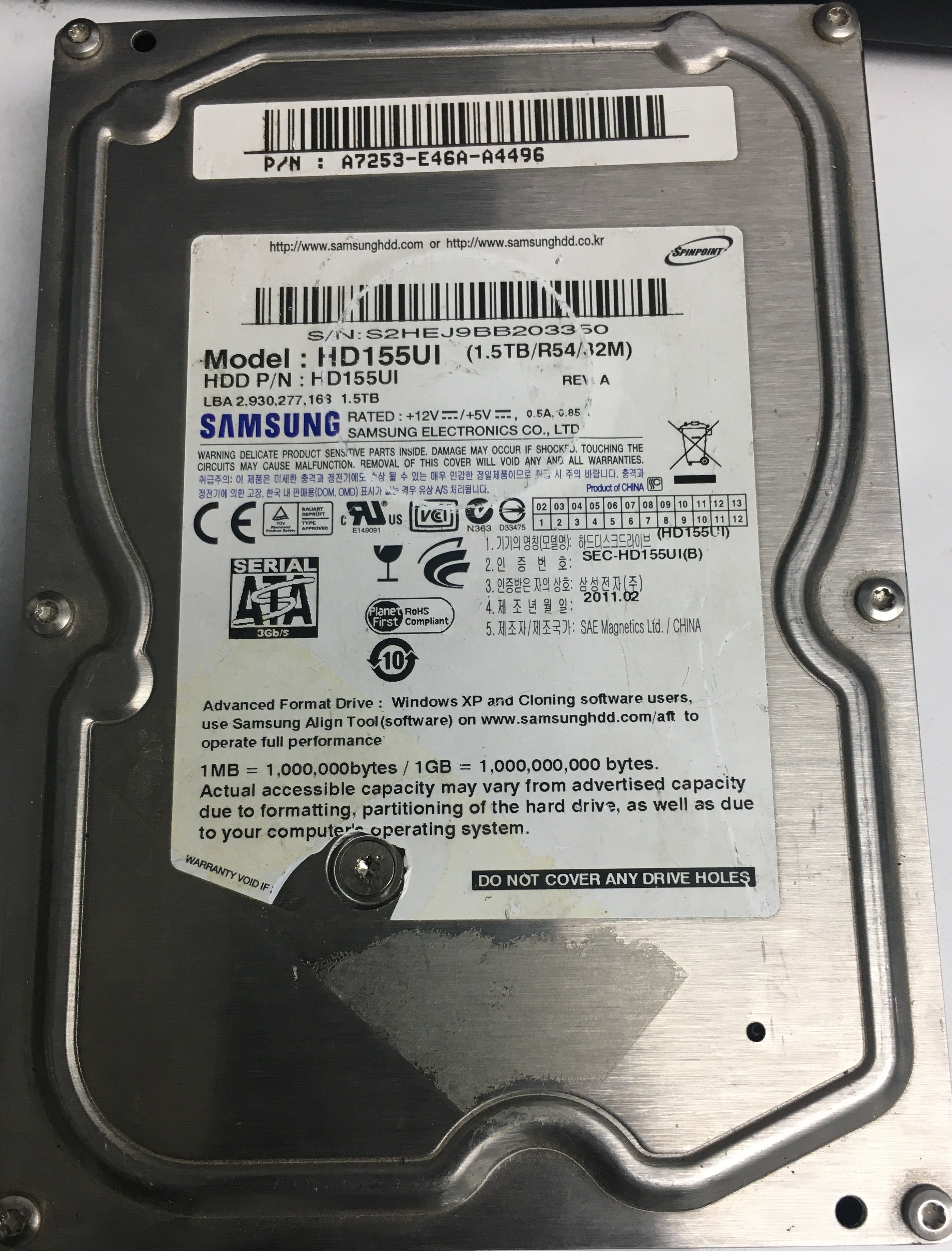 HD155UI, S2HEJ9BB203350, 1.5TB 3.5
