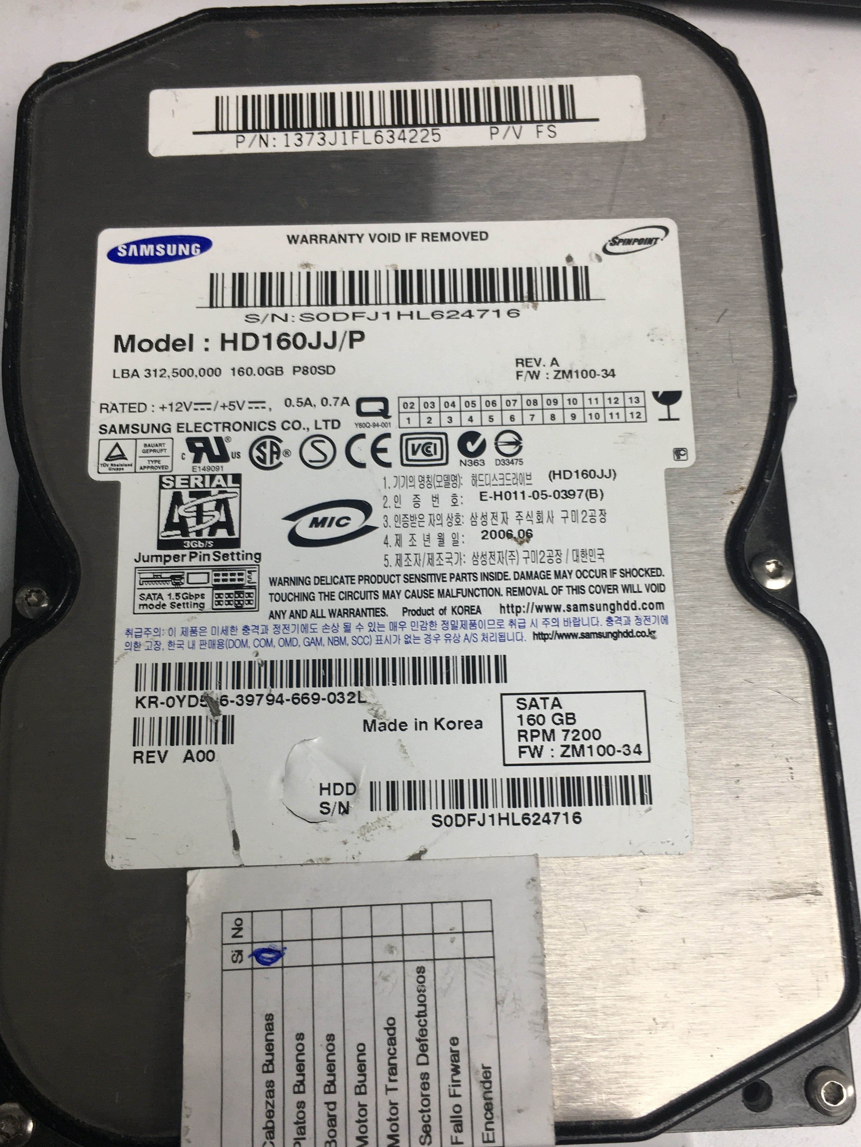 HD160JJ/P SERIAL: S0DFJ1HL624716 160GB 3.5 PCB: BF41-00095A