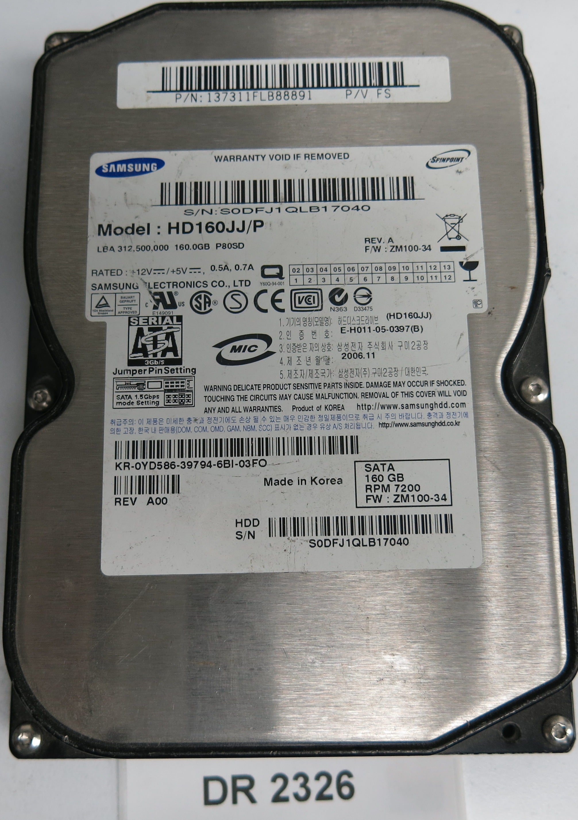 HD160JJ/P,  SERIAL: S0DFJ1QLB17040,  160GB 3.5,  PCB:BF41-00095A,
