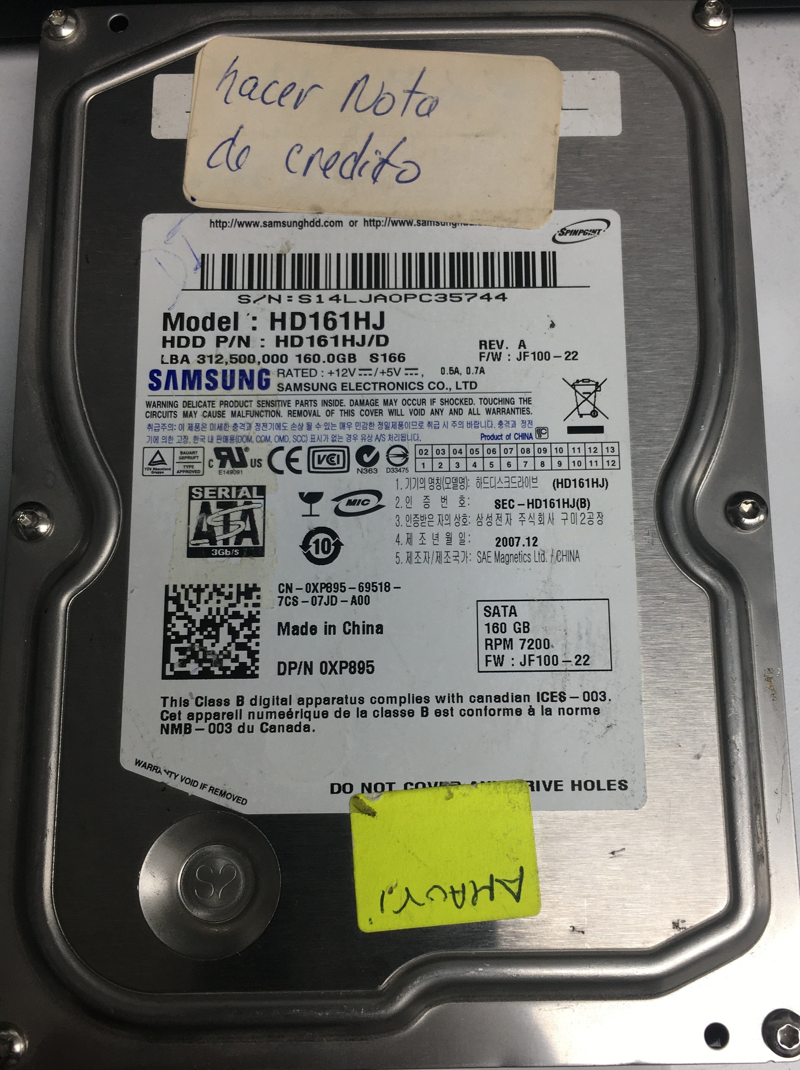 HD161HJ, S14LJA0PC35744, 160GB 3.5, PCB: BF41-00163A R00