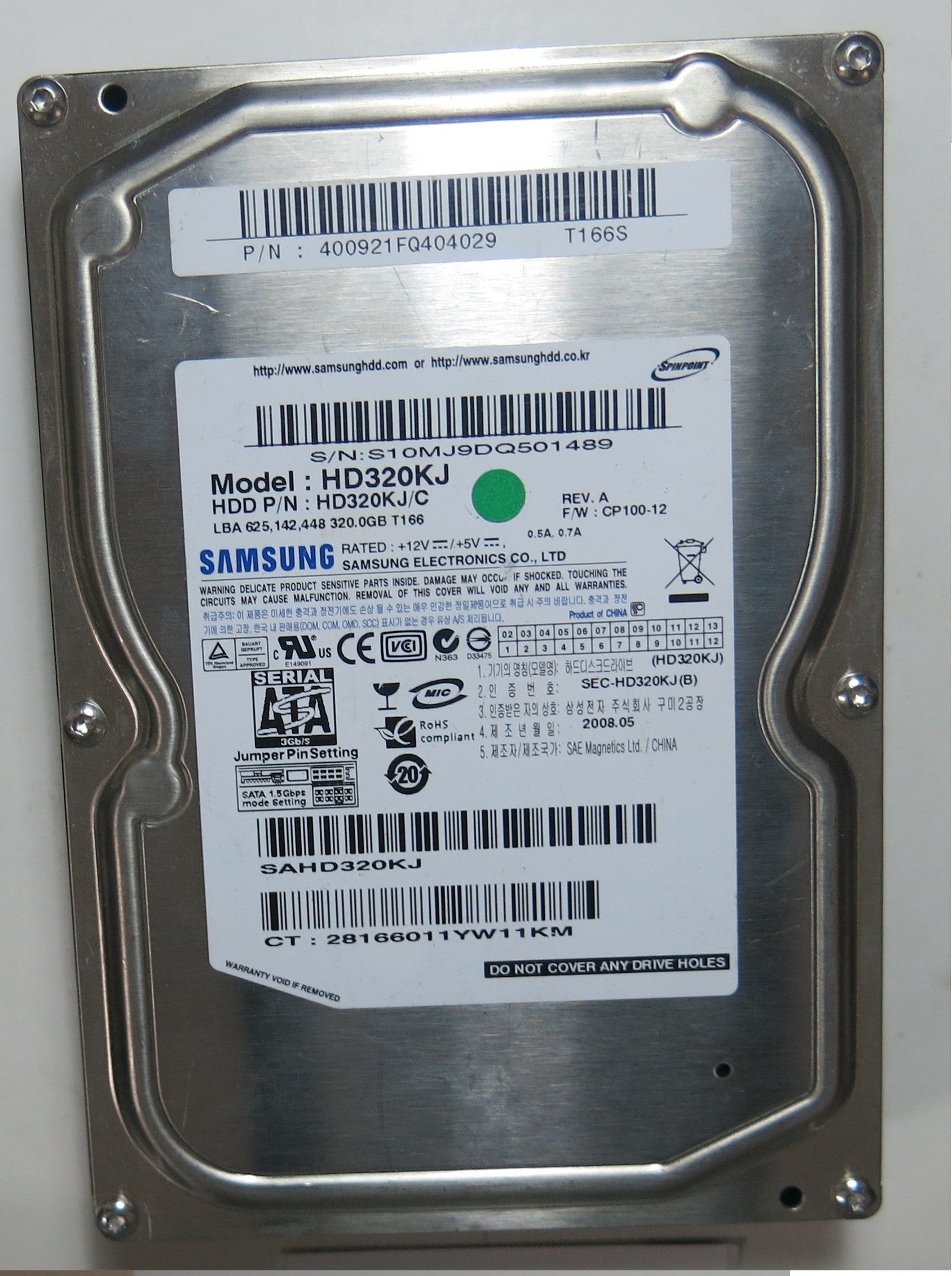 HD320KJ PCB: BF41-00133A SERIAL NUMBER: S10MJ9DQ501489 PN 400921FQ404029  320GB