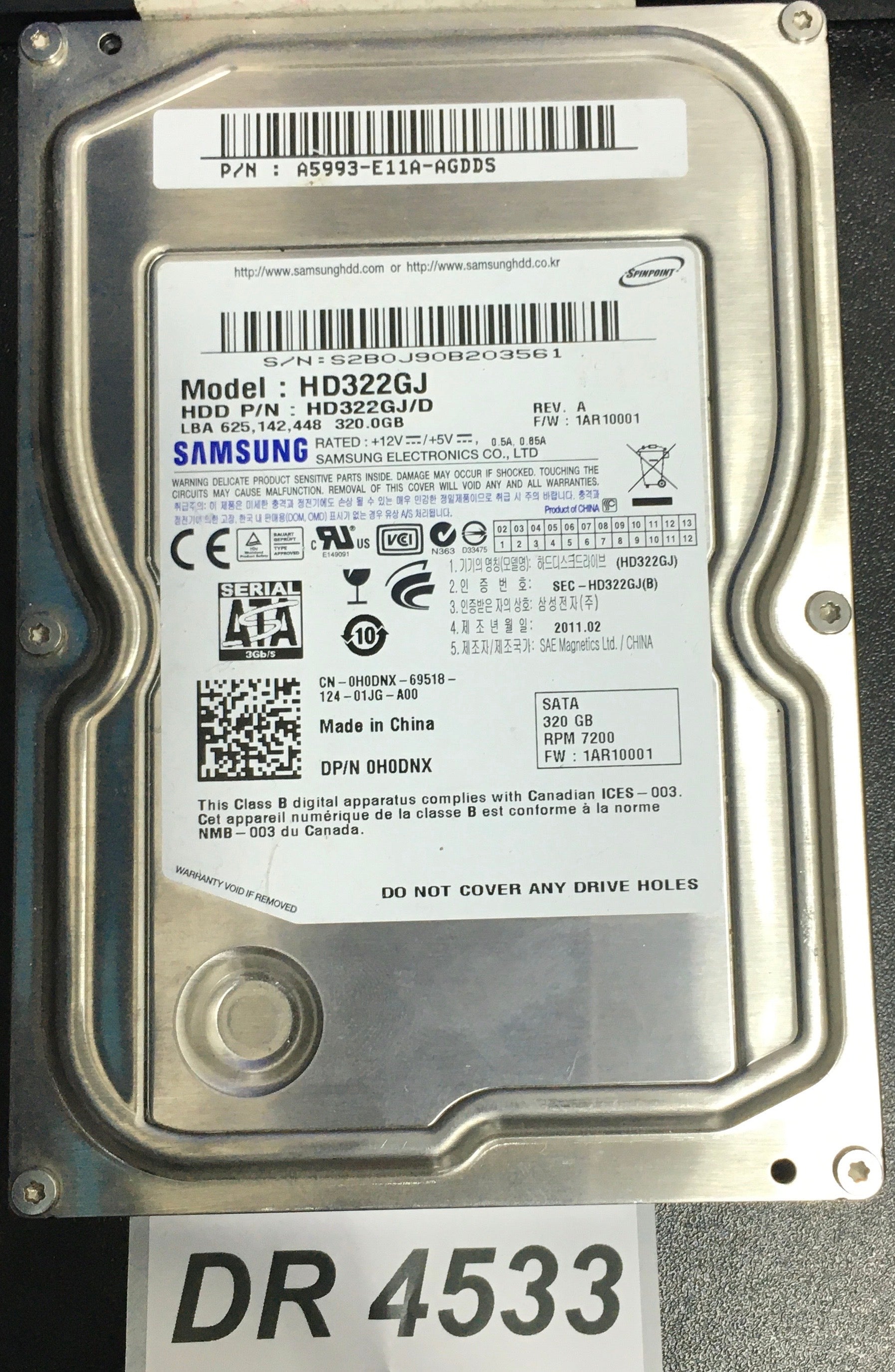 HD322GL,  P/N: HD322GL/D,  Serial: S2B0J90B203561,  320GB 3.5  PCB BF41-00314A 00