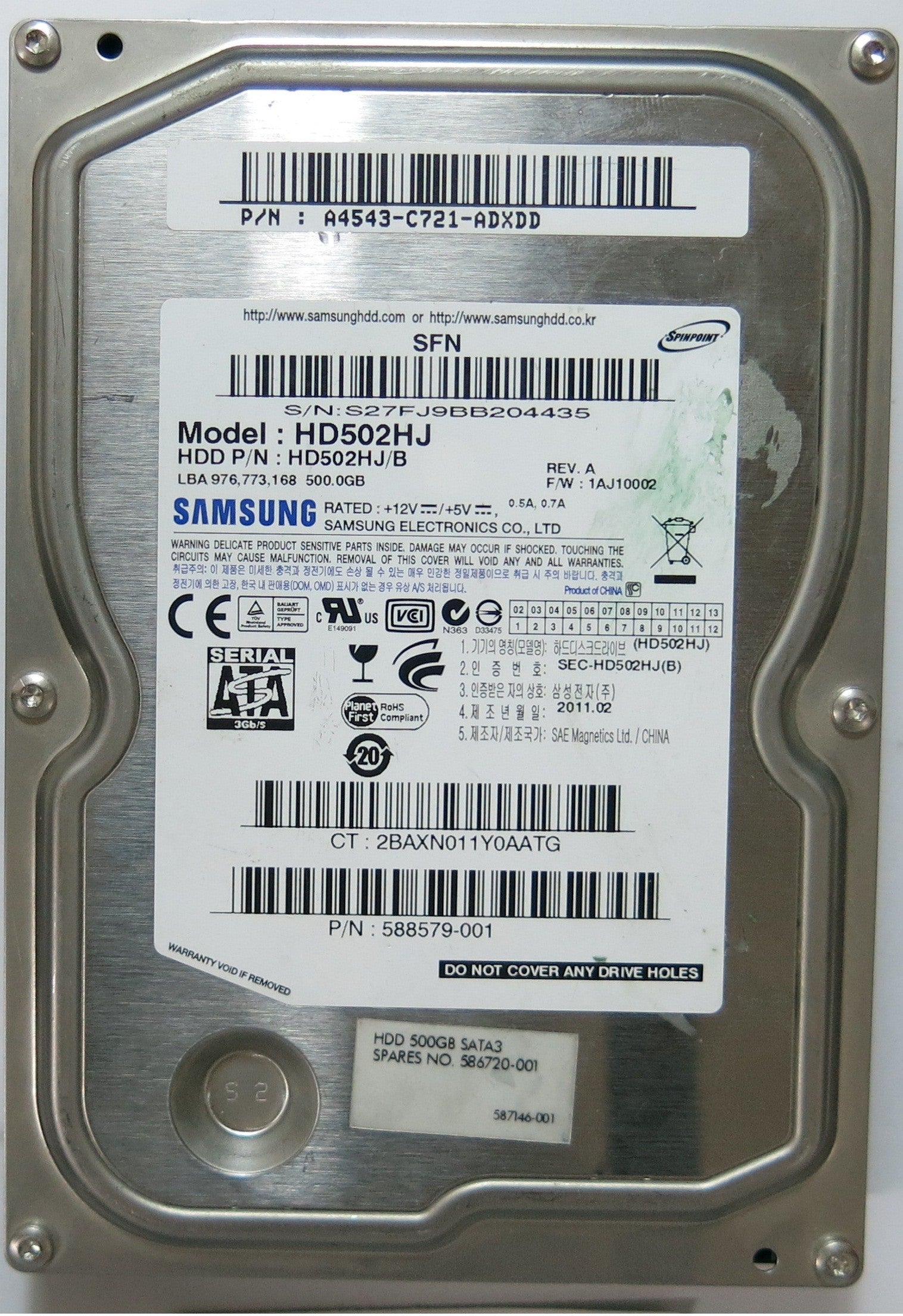 HD502HJ,  Serial:S27FJ9BB204435,  500GB 3.5