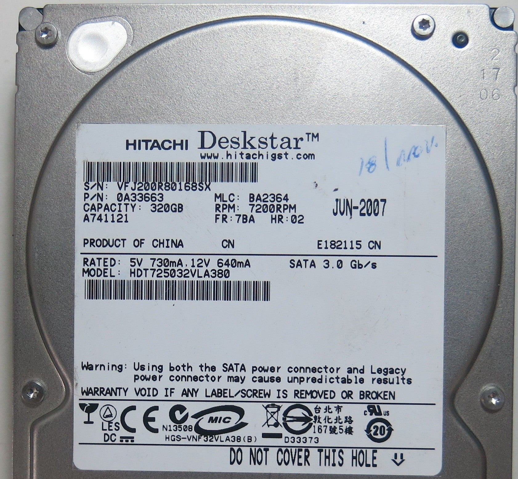 HD725032VLA380, PN 0A33663, MLC  BA2364, F 0A29531 01 PCB