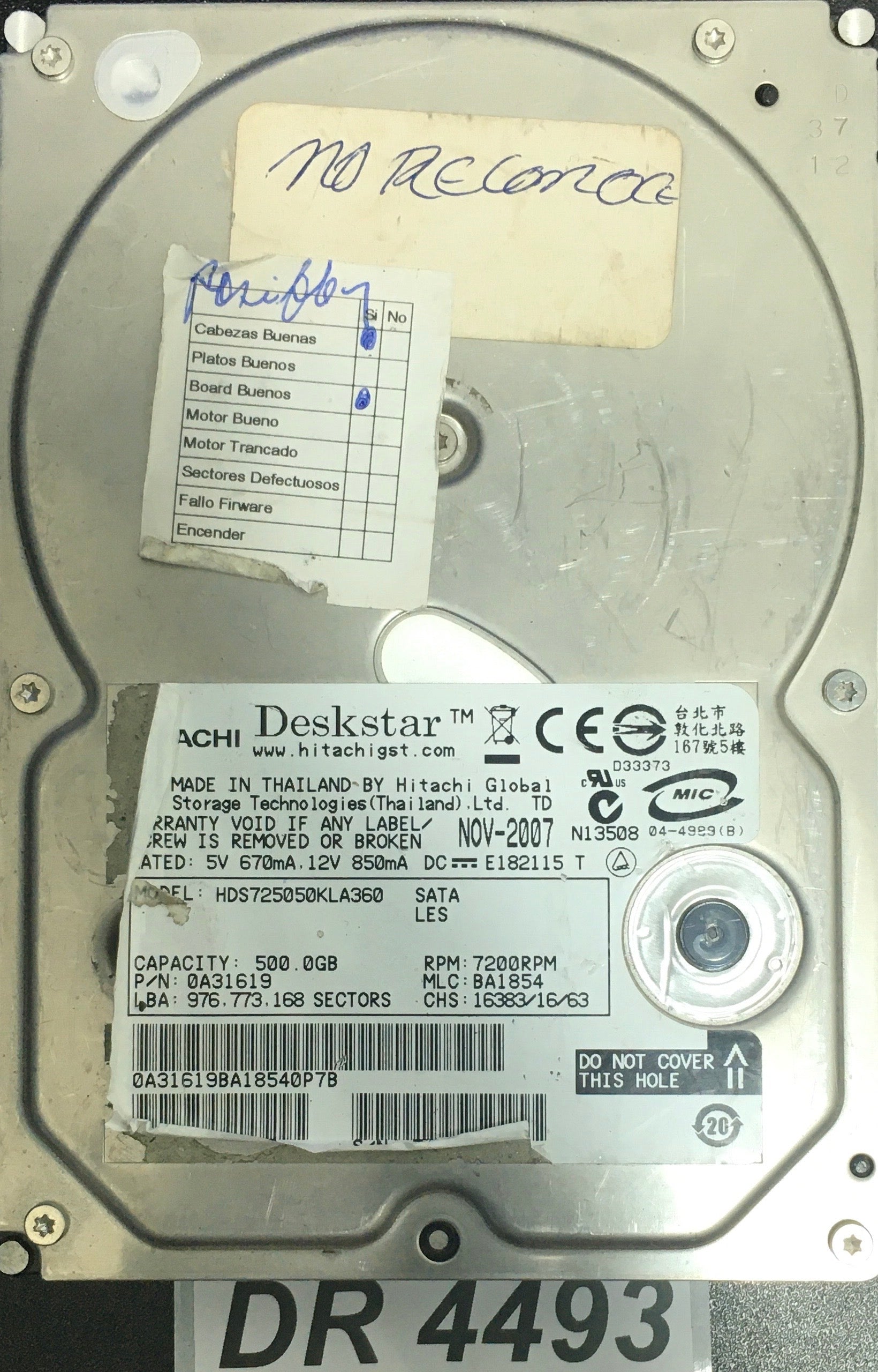 HD725050KLA360  P/N:0A31619  Serial:ZBJ17G8H  500GB 3.5  PCB: F 0A31169 01 REV A