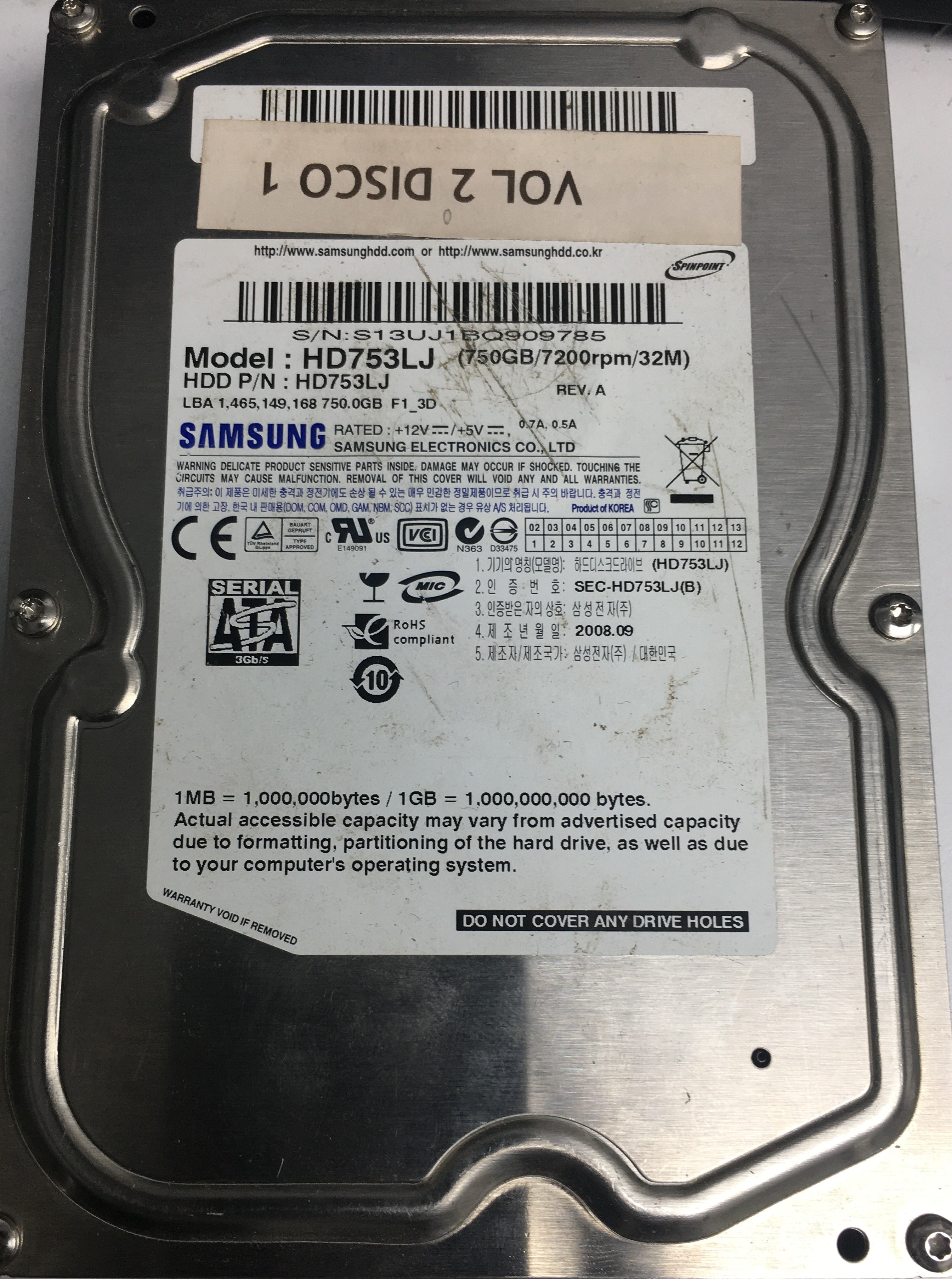 HD753LJ, S13UJ1BQ909785, 750GB 3.5,PCB: BF41-00206B R00