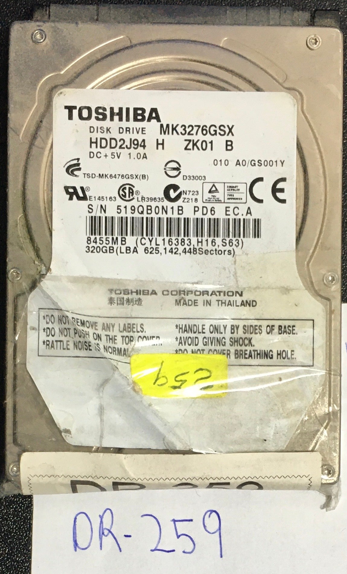 HDD2J94 H ZK01 B,  Serial: 549QB0N1B PD6 EC.A,  320GB 2.5  PCB :G002825A,