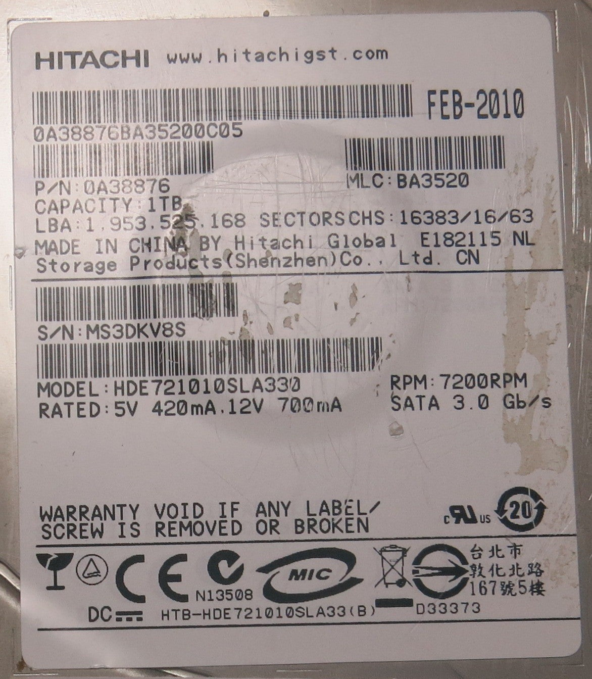 HDE721010SLA330 PN 0A38876 110 0A90156 01 PCB