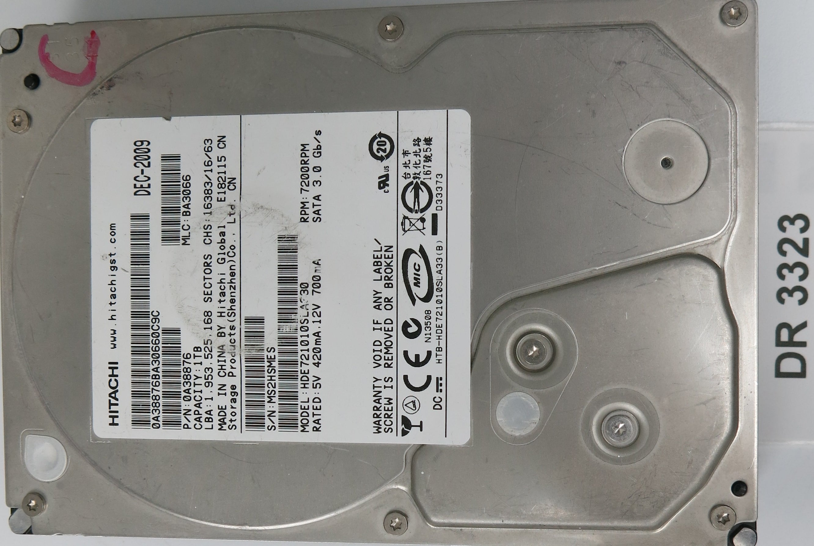 HDE721010SLA330, Serial Number: MS2HSMES, P/N: 0A38876, MLC: BA3066, 1TB 3.5, PCB: 110 0A90156 01