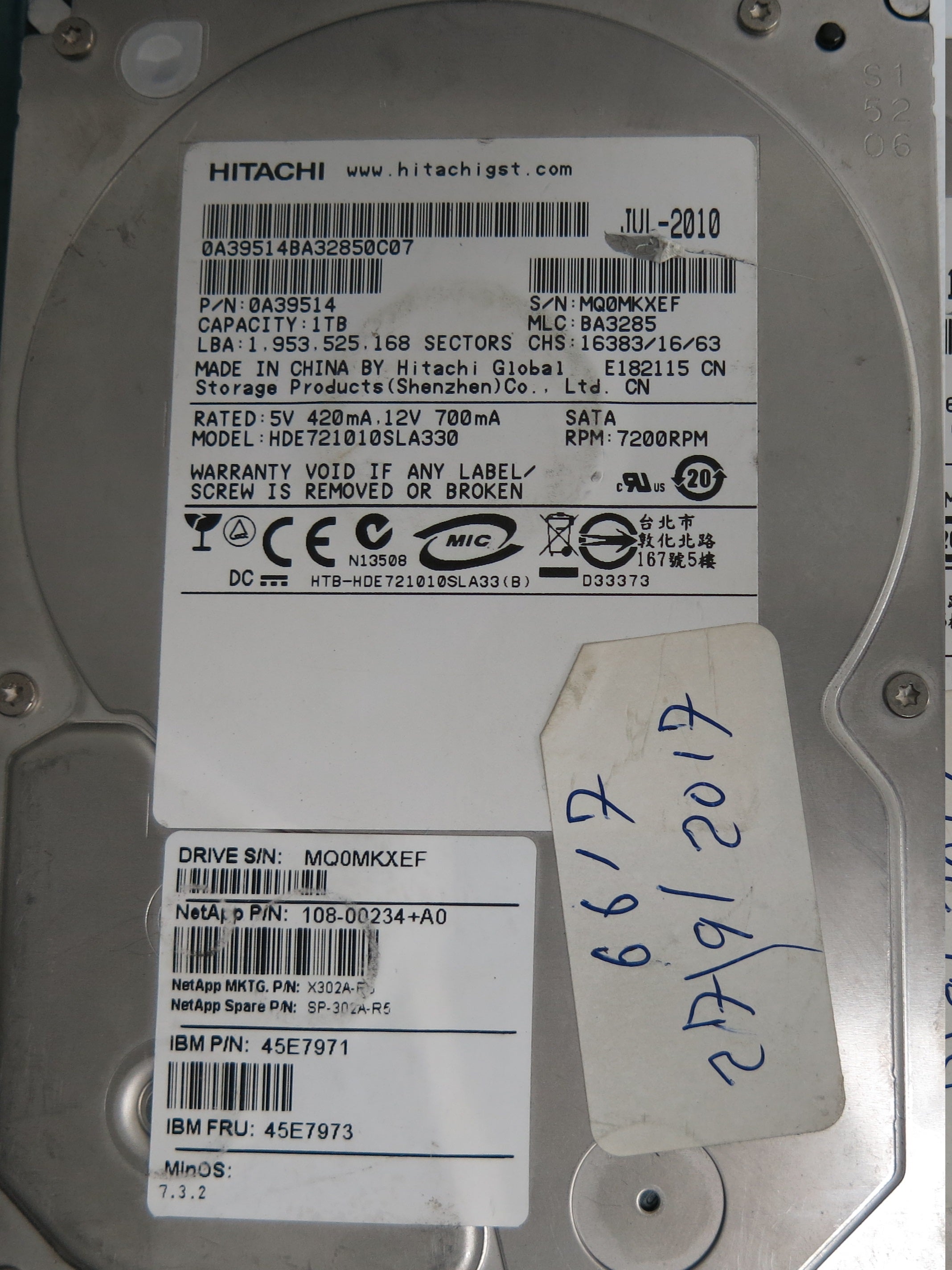 HDE721010SLA330 Serial Number: MQ0MKXEF P/N 0A39514 PCB: 110 0A90156 01