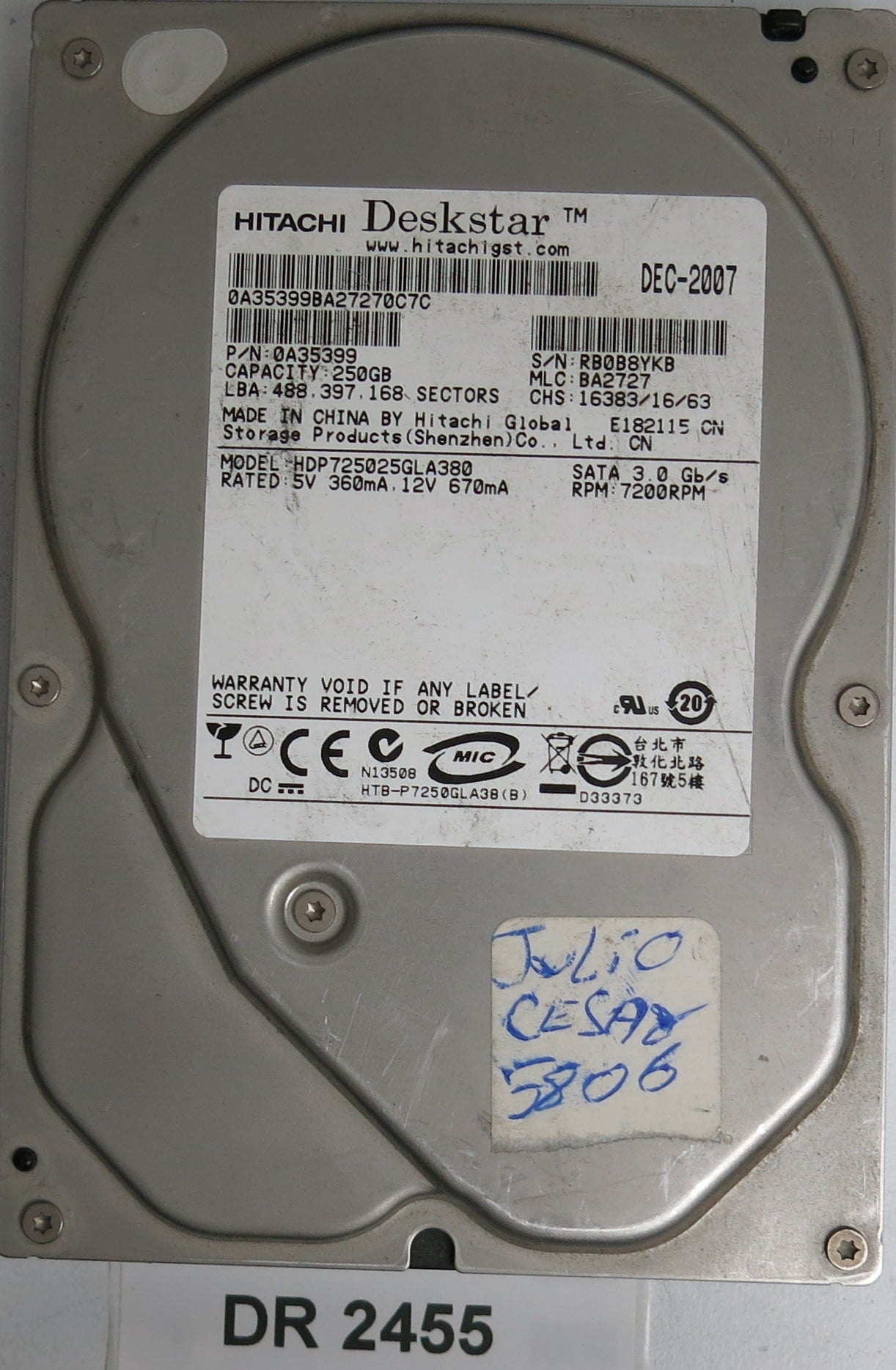HDP725025GLA380, Serial: RB0B8YKB, P/N: 0A35399, MLC: BA2727, 250GB 3.5, PCB: 110 0A90026 01