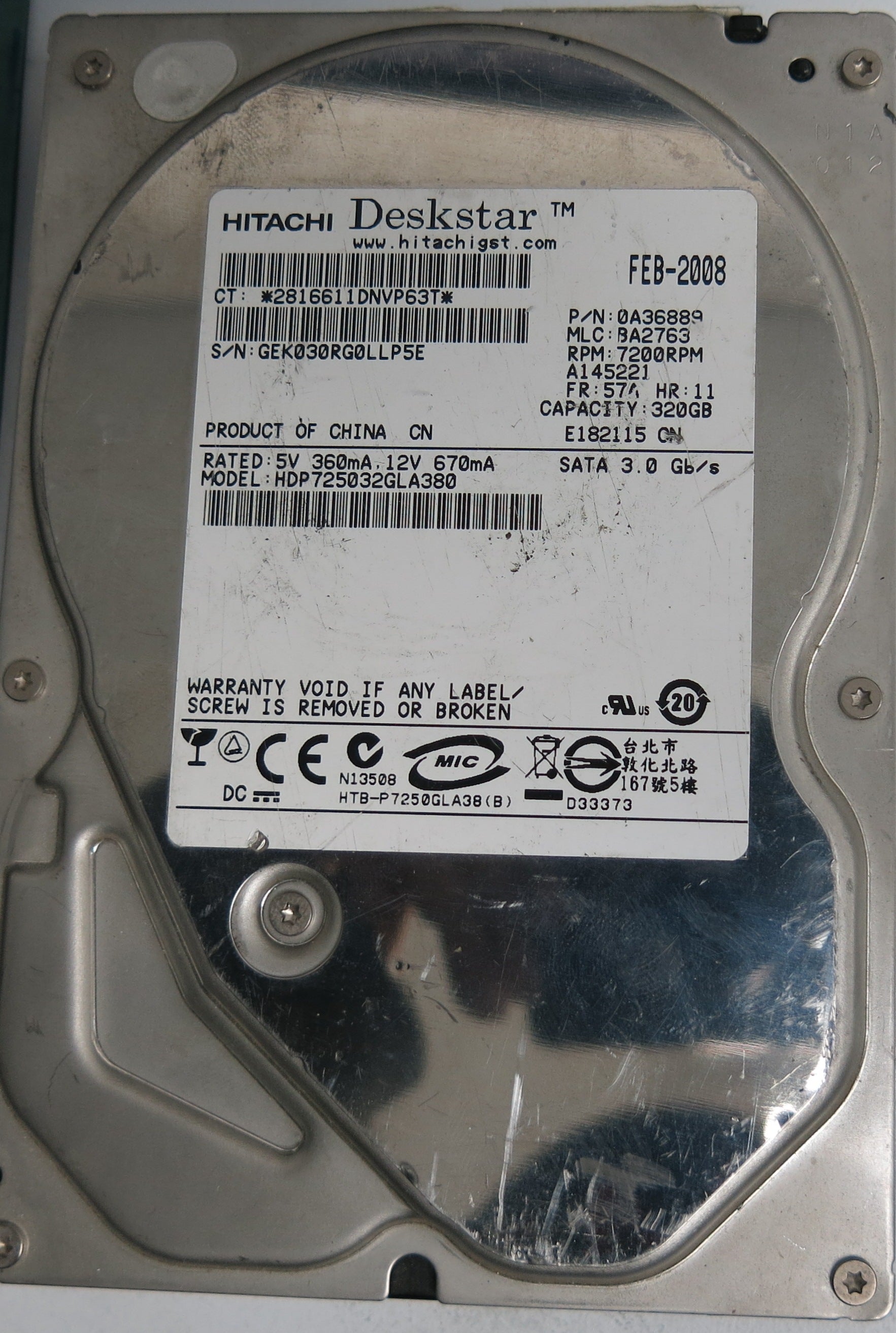 HDP725032GLA380, Serial Number: GEK030RG0LLP5E, P/N: 0A36889, MLC: BA2763, 320GB 3.5, PCB: 110 0A90026 01