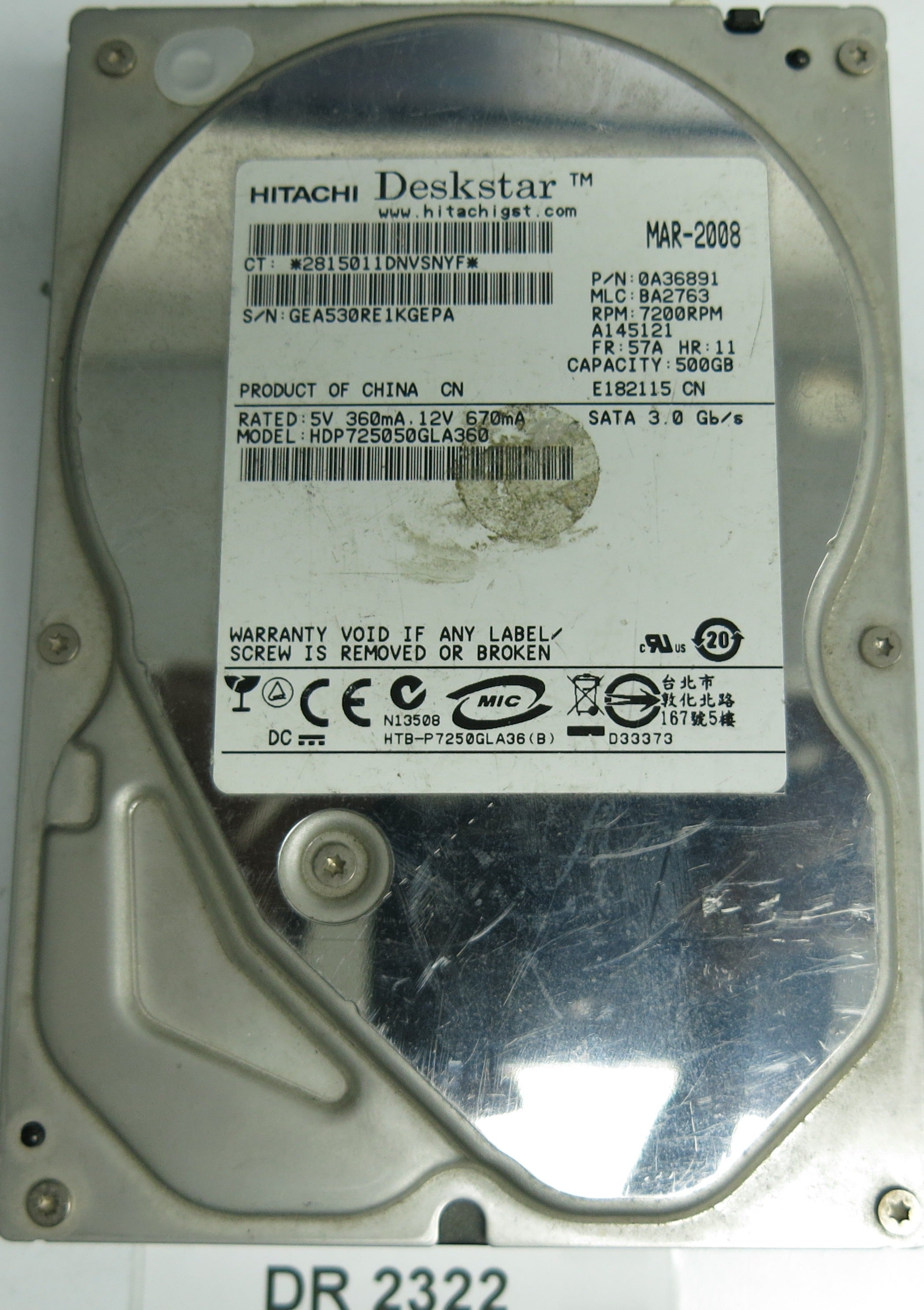 HDP725050GLA360, Serial Number: GEA530RE1KGEPA, P/N: 0A36891, MLC: BA2763, 500GB 3.5