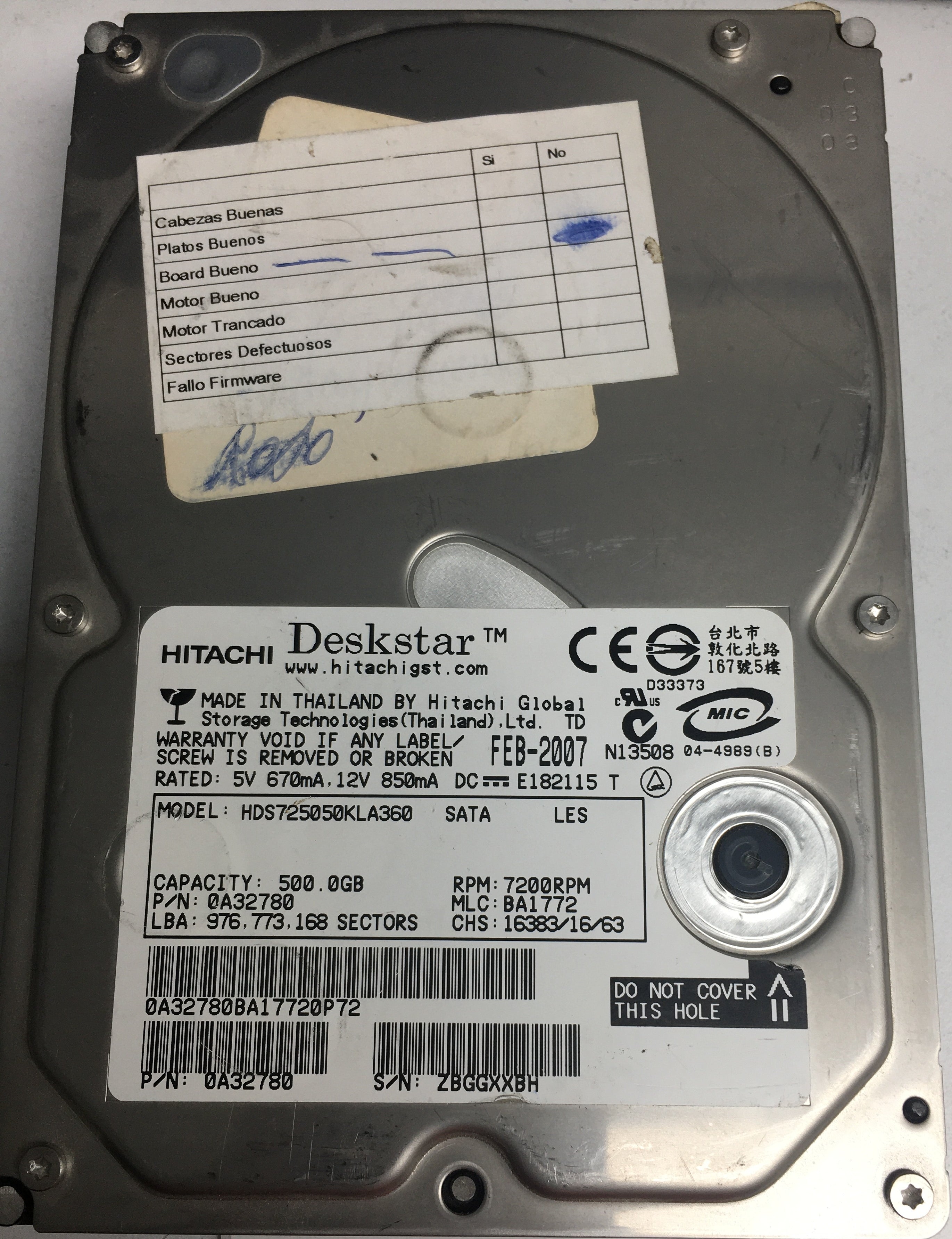 HDS25050KLA360, Serial Number: ZBGGXXBH, P/N: 0A32780, MLC: BA1772, 500GB 3.5, PCB: F 0A31169 01