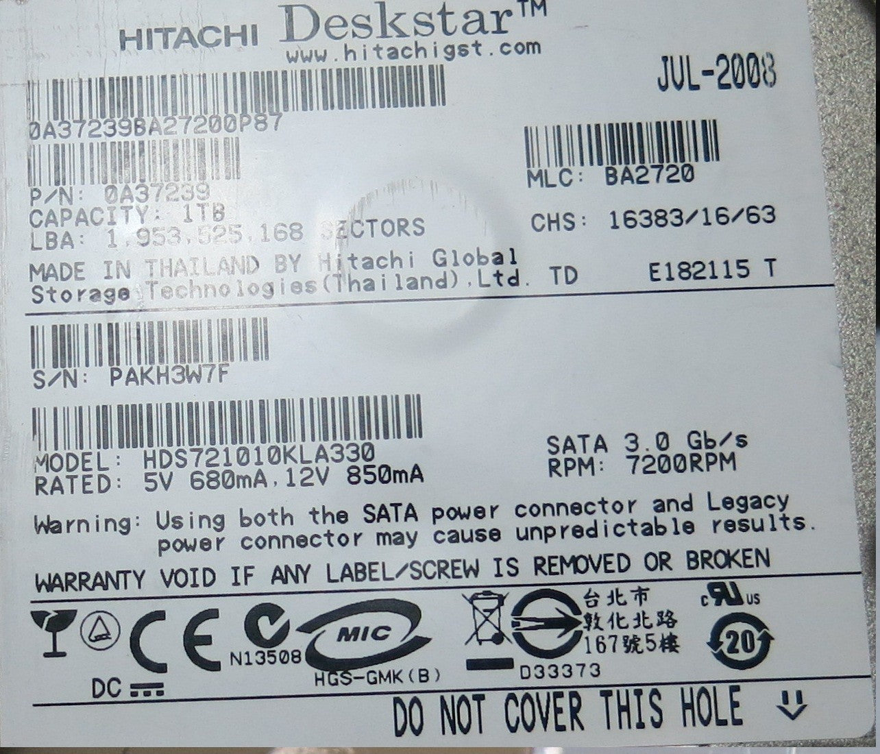 HDS721010KLA330 PN 0A37239BA27200P87 110 0A29636 01  PCB
