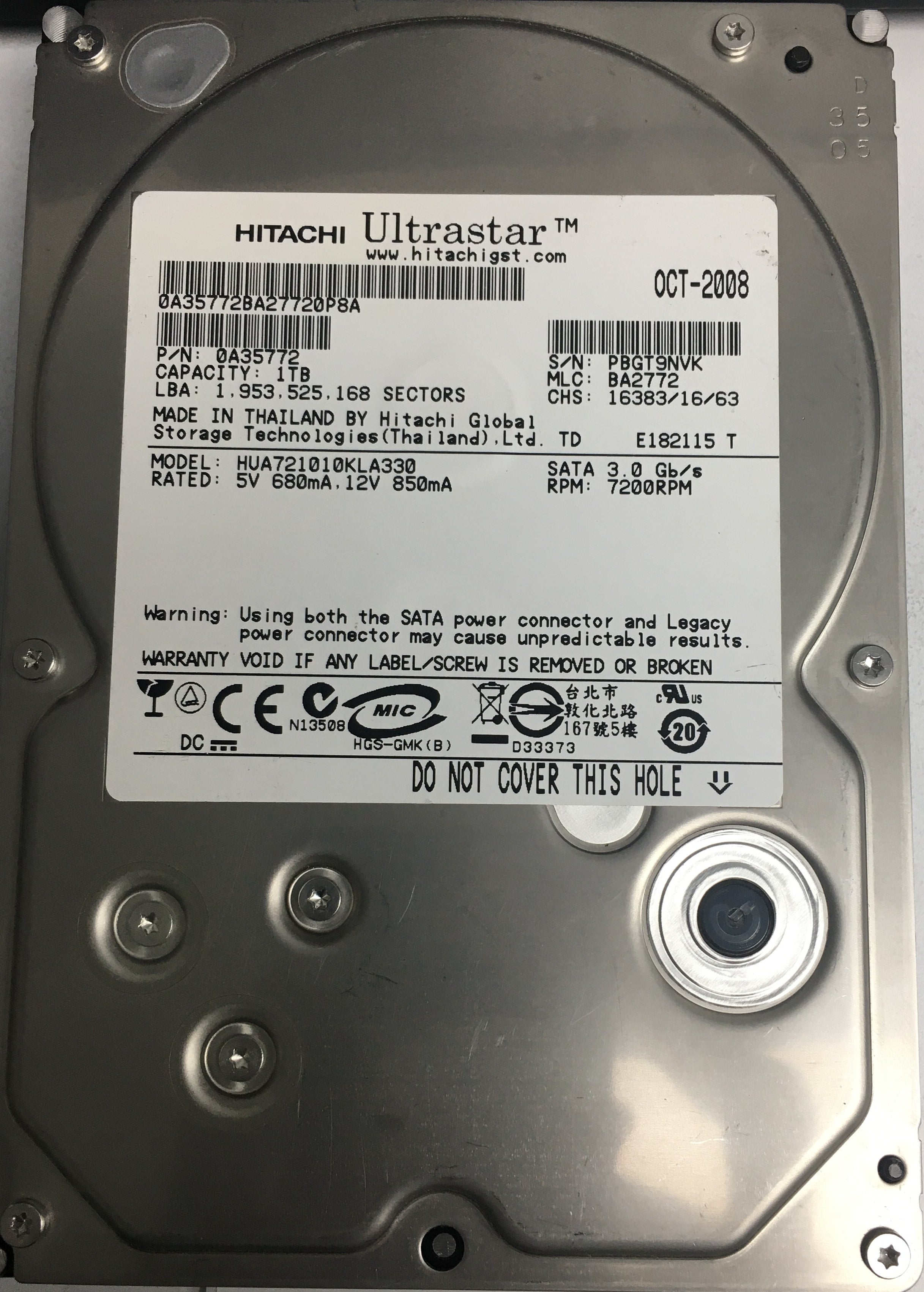 HDS721010KLA330, Serial Number:  PBGT9NVK, P/N: 0A35772, MLC: BA2772, 1TB 3.5, PCB: 110 0A29636 01