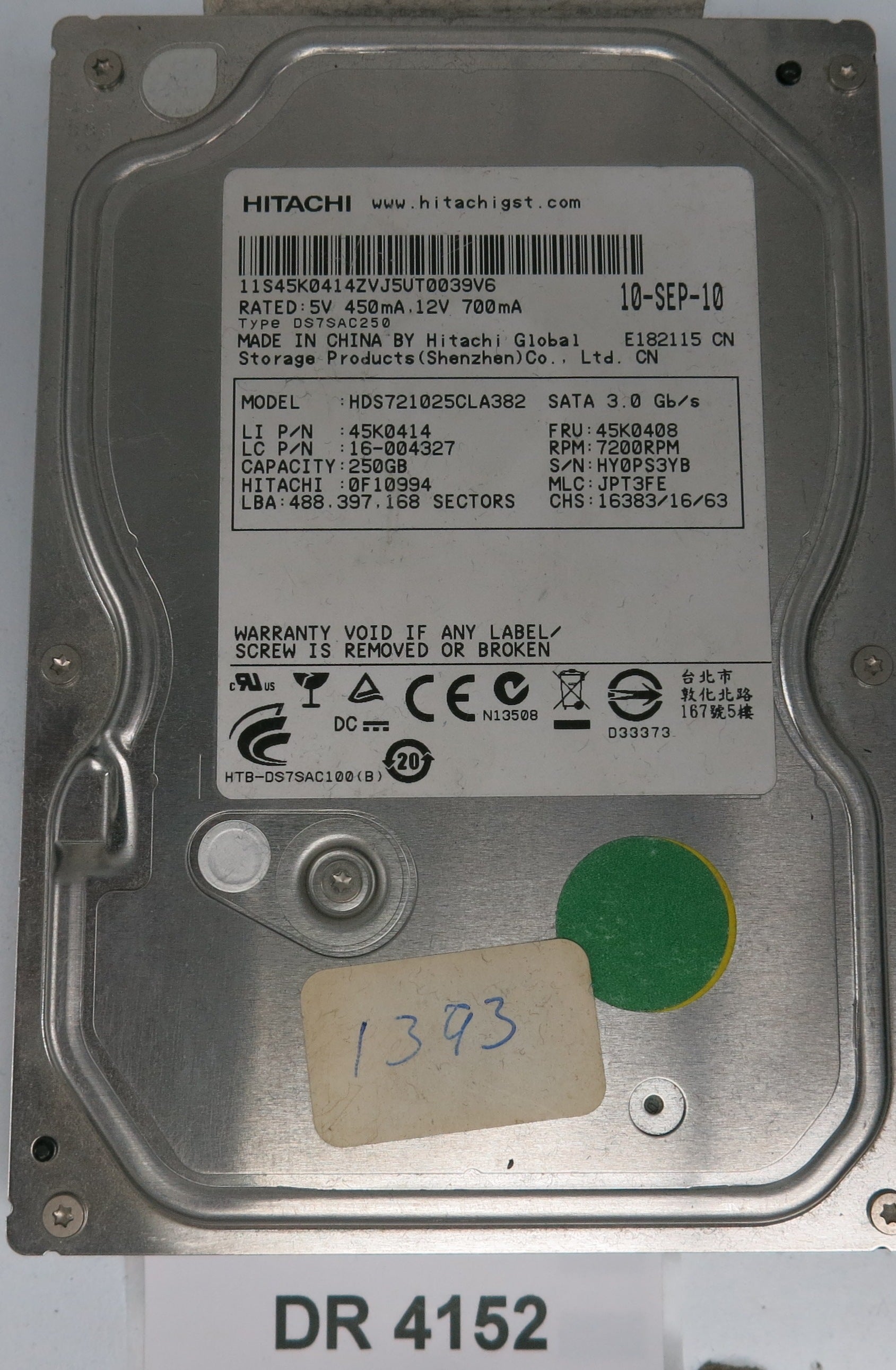 HDS721025CLA382, Serial Number: 11S45K0414ZVJ5VT0039V6, P/N: 45K0414, MLC: JPT3FE, 250GB 3.5, PCB: 110 0A90233 01