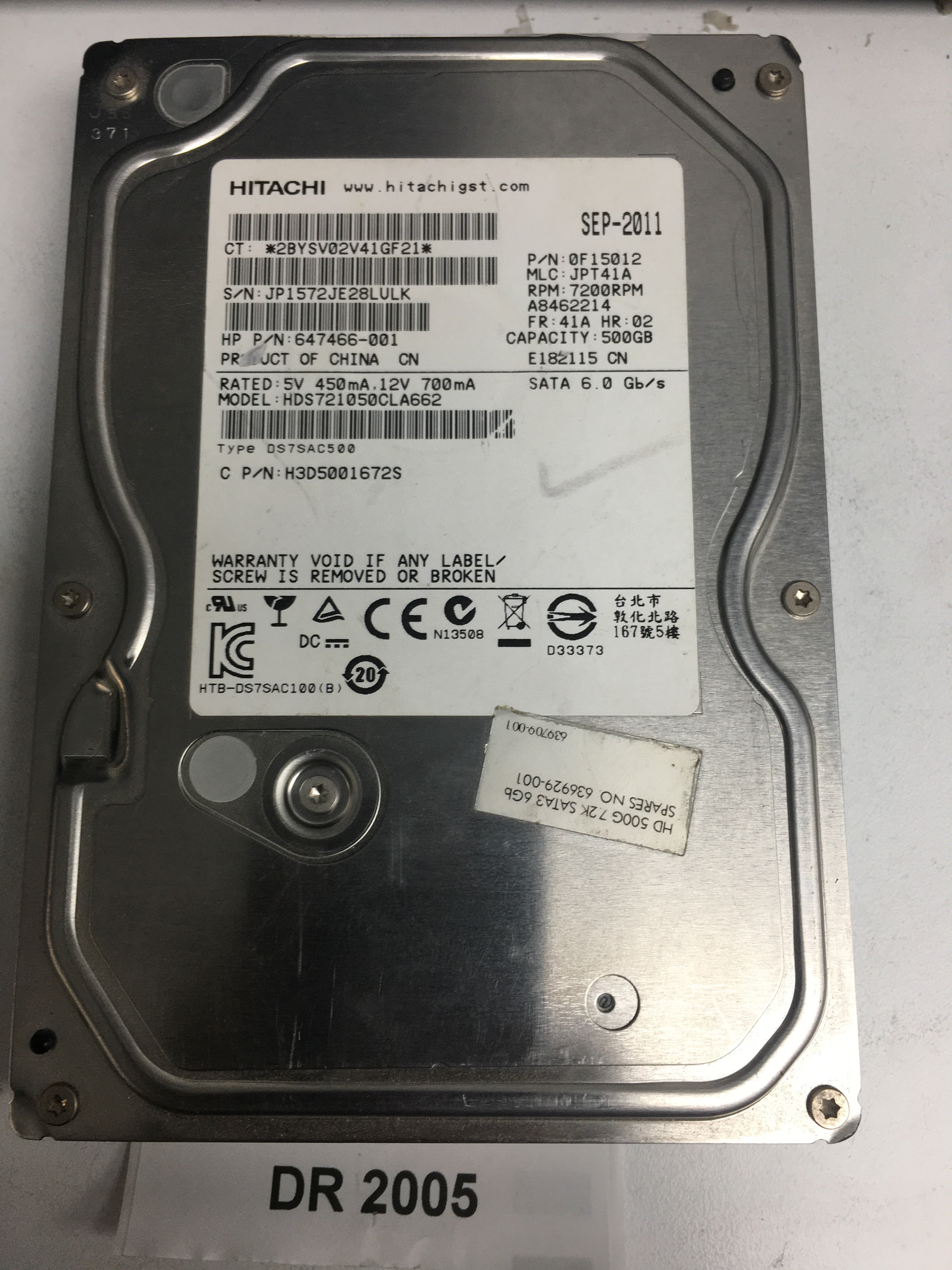HDS721050CLA662, Serial Number: 0F15012, P/N: 647466-001, MLC: JPT41A, 500GB 3.5, PCB: 110 0A90368 01