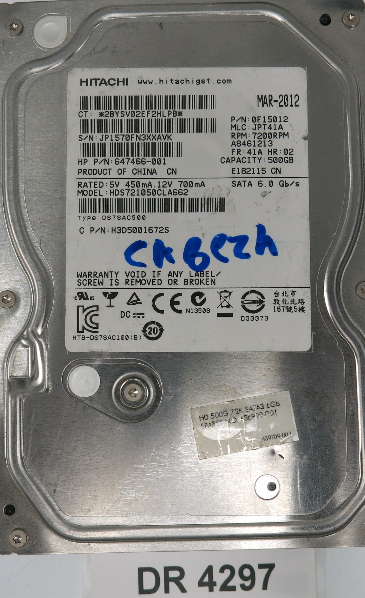 HDS721050CLA662, Serial Number: JP1570FN3XXAVK, P/N: 0F15012, MLC: JPT41A, 500GB 3.5