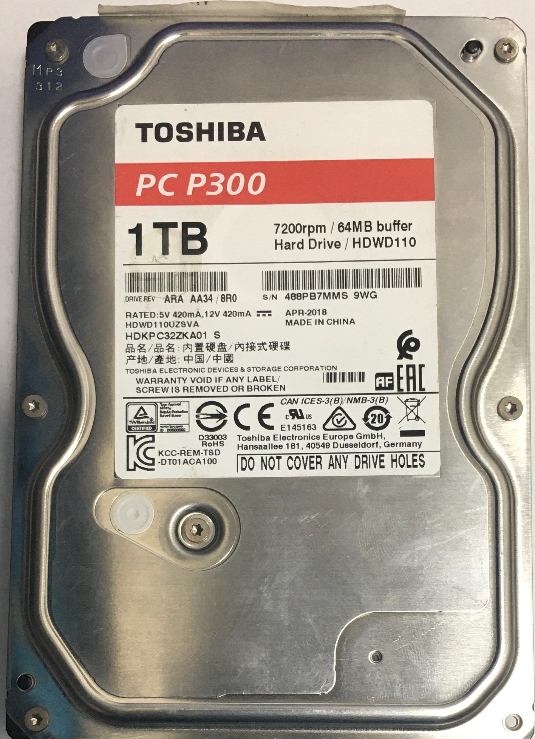 HDKPC32ZKA01, Serial Number: 488PB7MMS, 1.TB 3.5, PCB: 220 0A90377 01,