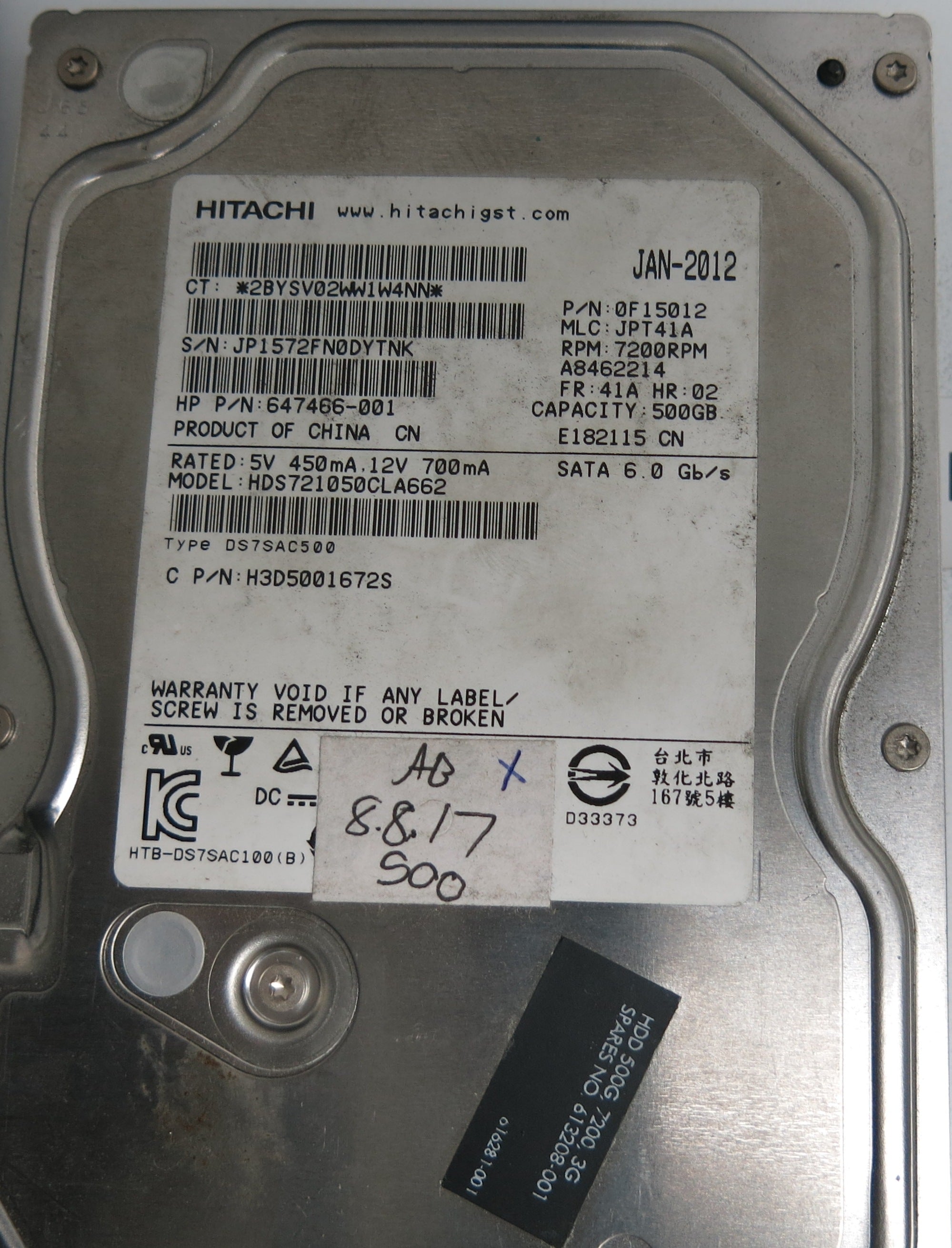 HDS721050CLA662, Serial Number: JP1572FN0DYTNK, P/N: 0F15012, MLC: JPT41A, 500GB 3.5, PCB: 110 0A90368 01