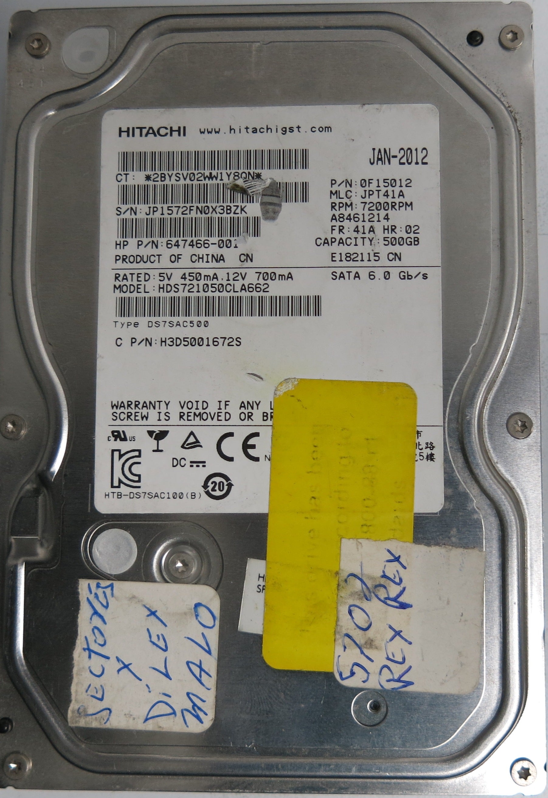 HDS721050CLA662, Serial Number: JP1572FN0X3BZK, P/N:647466-001, MLC: JPT41A, 500GB 3.5, PCB: 110 0A90368 01