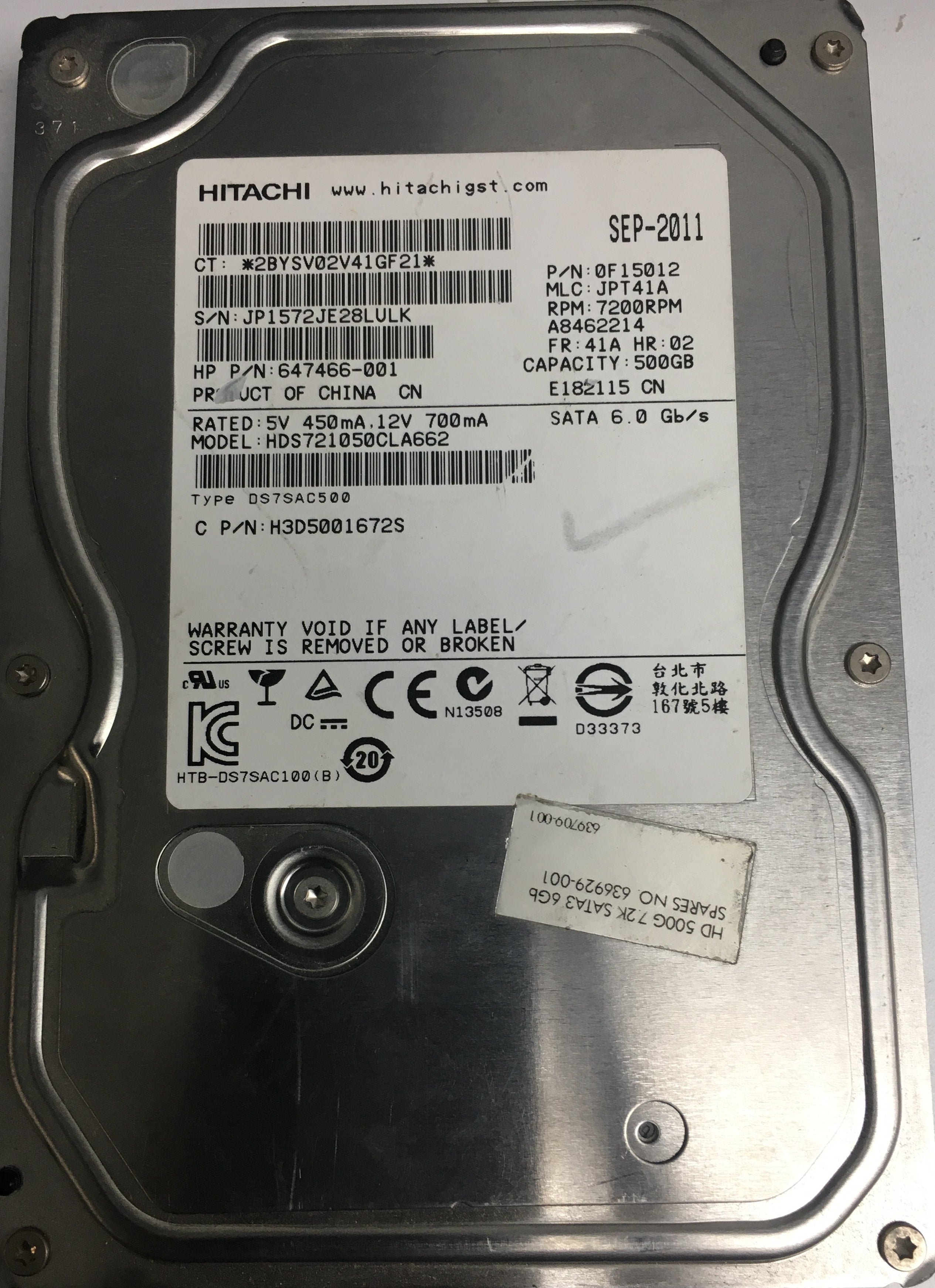 HDS721050CLA662, Serial Number: JP1572JE28LULK, P/N: 647466-001, MLC: JPT41A, 500GB 3.5, PCB: 110 0A90368 01