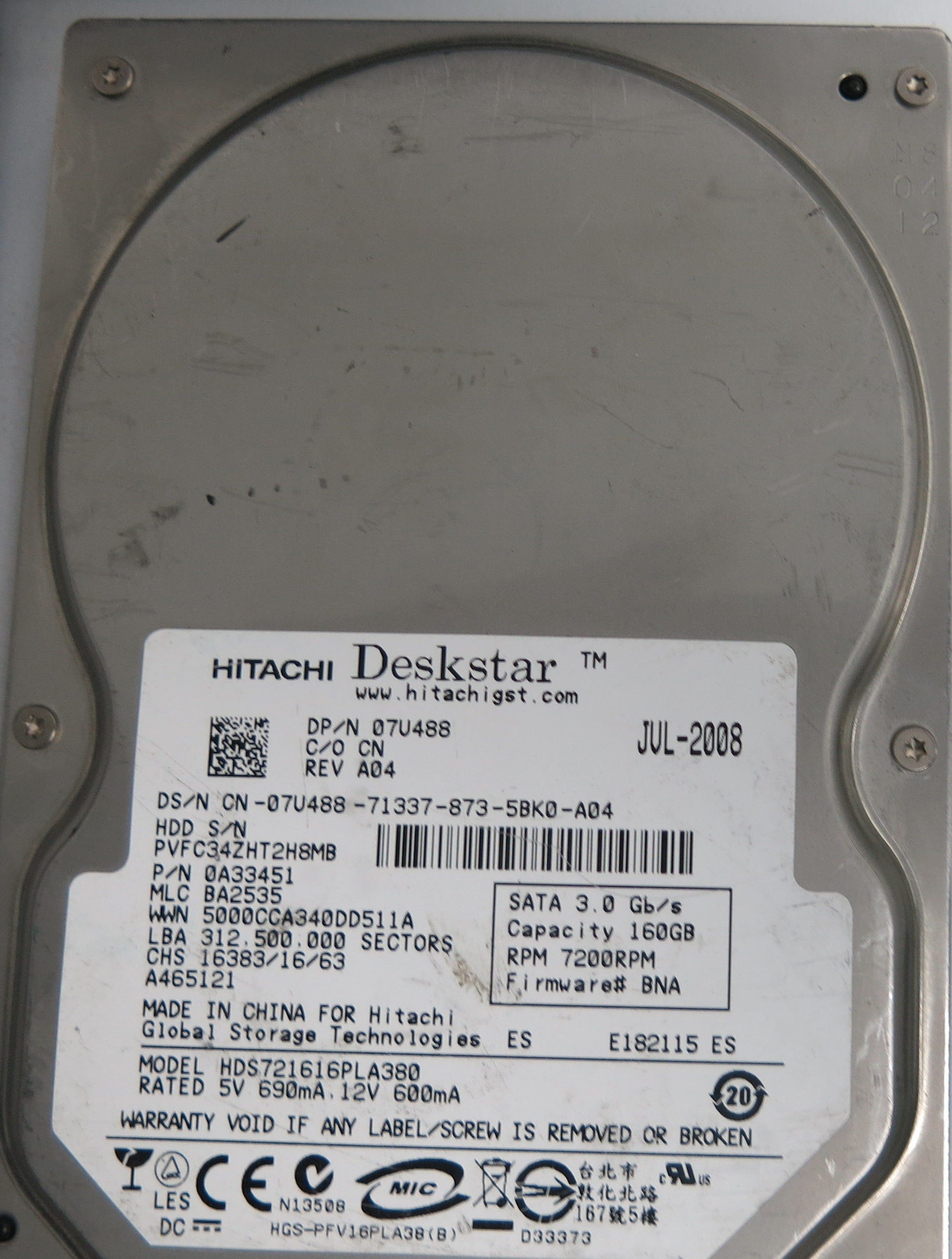 HDS721616PLA380, Serial Number: PVFC34ZHT2H8MB, P/N: 0A33451, MLC: BA2535, 160GB 3.5, PCB: F 0A29582 01