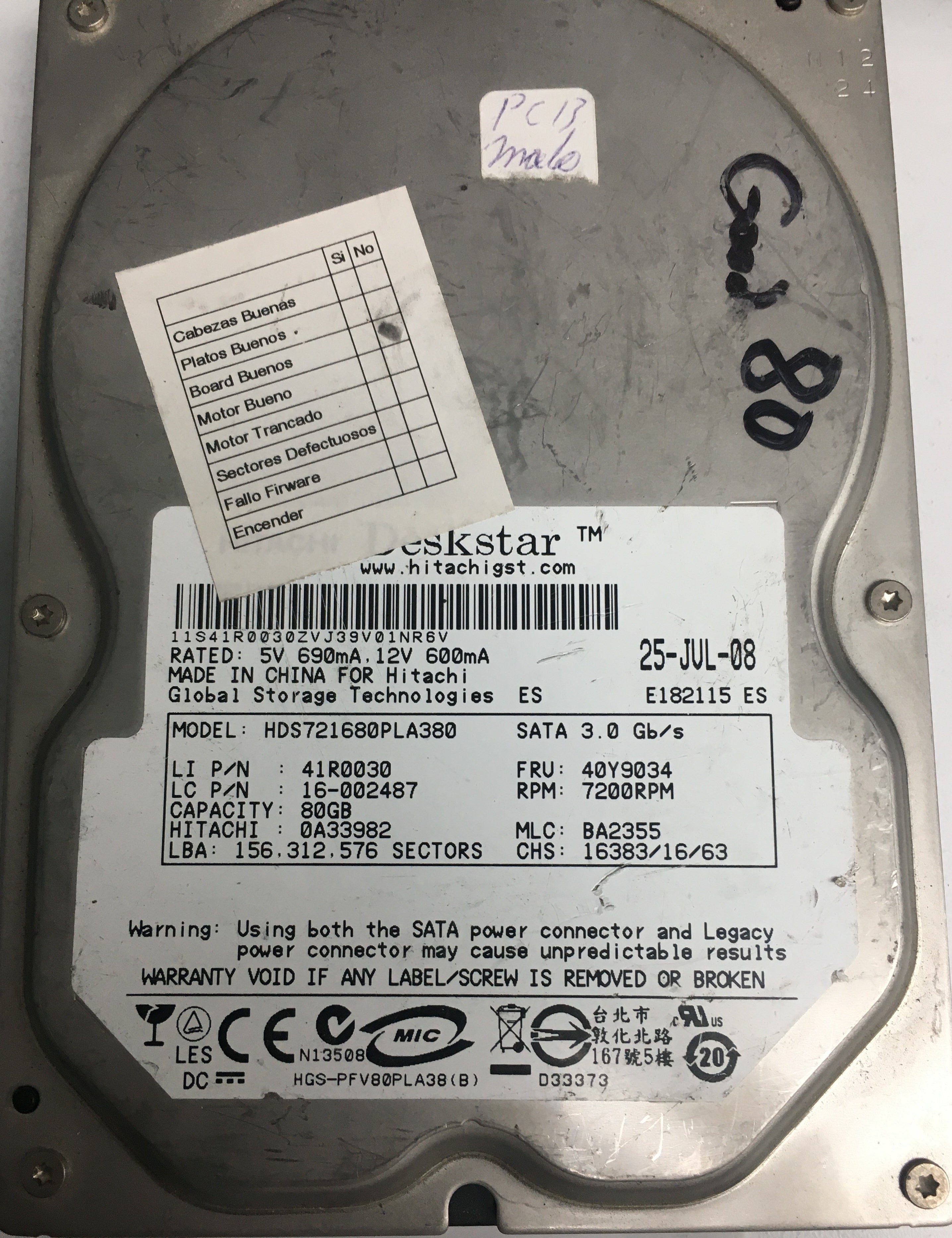 HDS721680PLA380, P/N:41R0030, MLC: BA2355, 80GB 3.5, PCB: F 0A29582 01