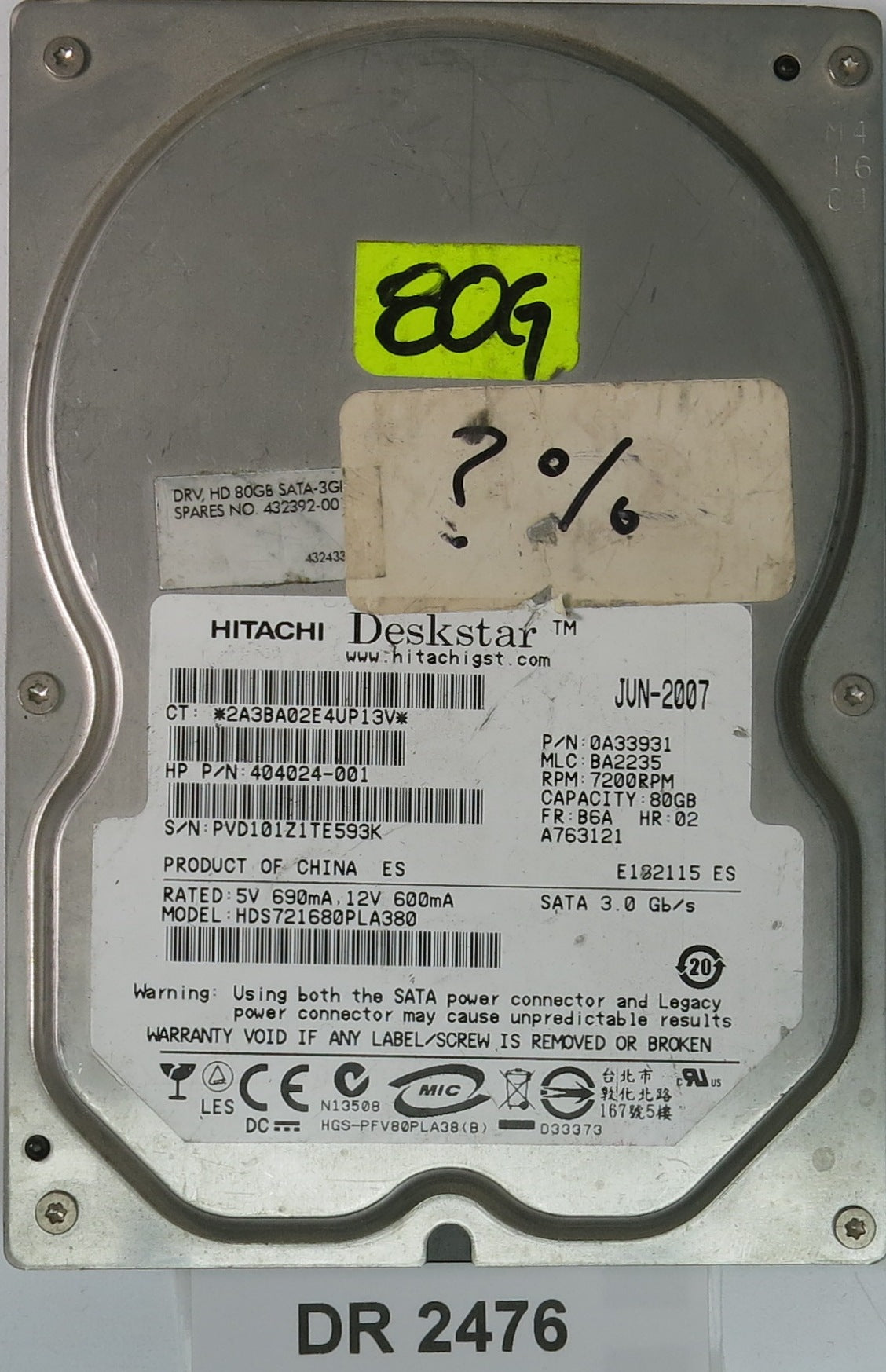 HDS721680PLA380, Serial Number: PVD101Z1TE593K, P/N: 0A33931, MLC: BA2235, 80GB 3.5